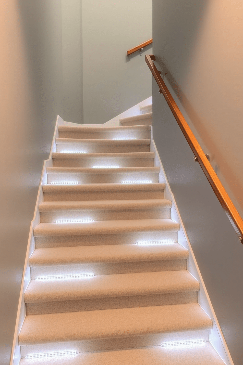 A modern basement staircase features LED strip lighting elegantly installed along the edges of each step, creating a warm and inviting glow. The walls are painted in a soft gray, complemented by sleek wooden handrails that enhance the contemporary aesthetic.