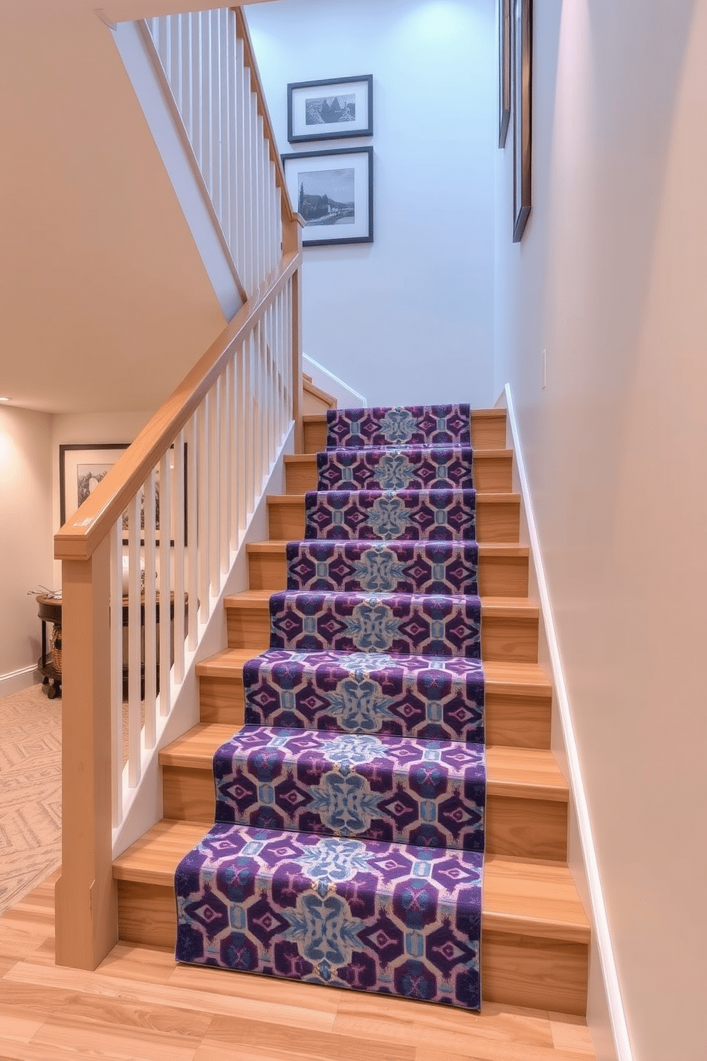 A vibrant stair runner featuring a geometric pattern adds a pop of color to the otherwise neutral basement staircase. The runner contrasts beautifully with the sleek wooden steps and is framed by soft, ambient lighting that enhances the space's inviting atmosphere. The basement staircase is designed with a modern aesthetic, featuring clean lines and a minimalist railing. Surrounding the staircase, light-colored walls and strategically placed artwork create a cohesive and stylish look that draws the eye upward.