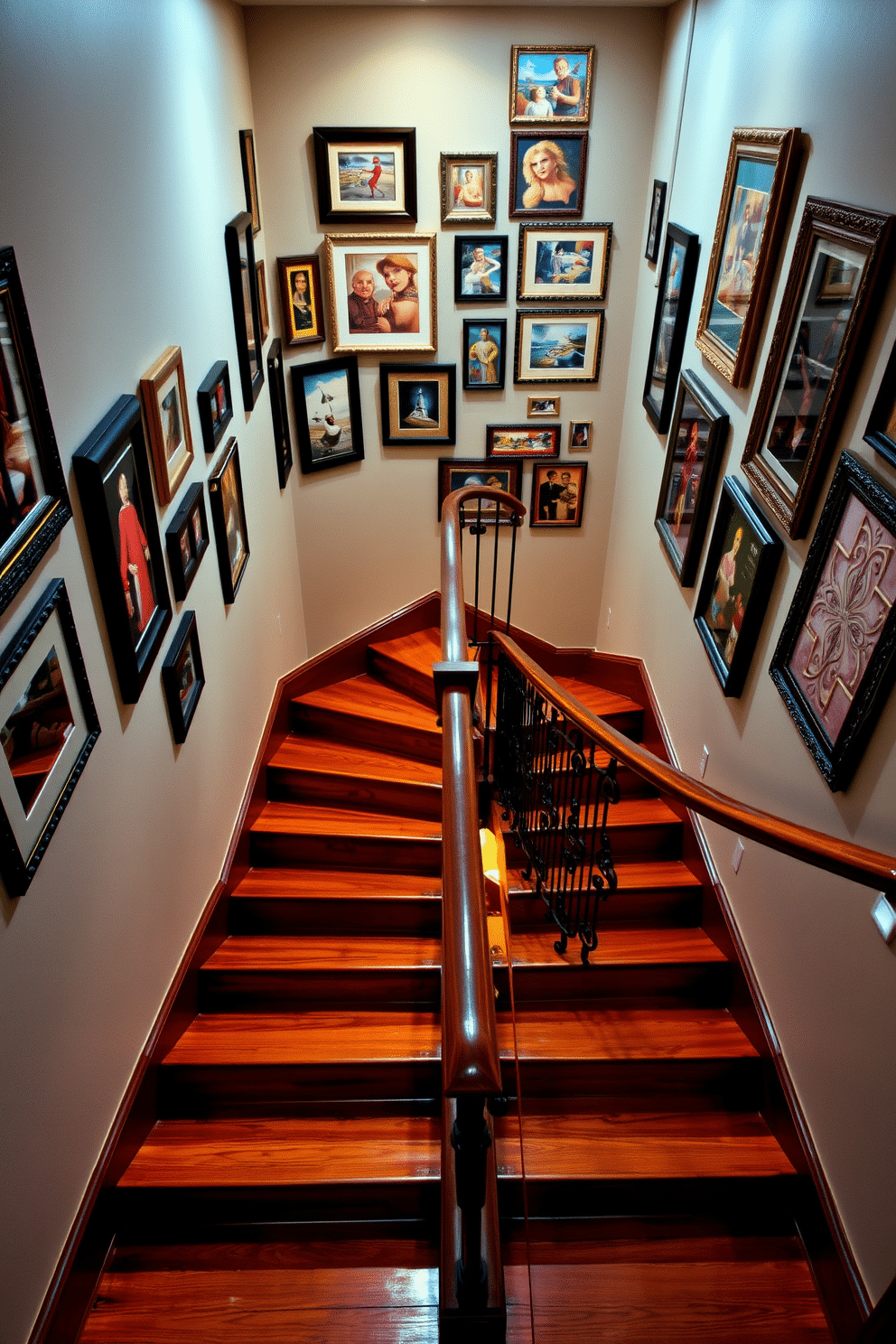 A stunning staircase featuring decorative wall art that enhances the overall aesthetic of the space. The walls are adorned with a collection of framed artwork in various styles, creating a vibrant gallery effect. The staircase itself is crafted from rich hardwood, with elegant wrought iron railings that add a touch of sophistication. Soft, ambient lighting highlights the artwork and creates a warm, inviting atmosphere as one descends into the basement.