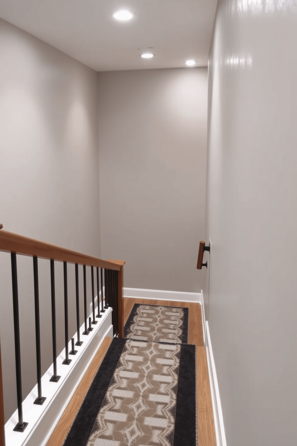 A transitional basement staircase features a combination of wood and metal elements, showcasing a sleek wooden handrail paired with black wrought iron balusters. The staircase is illuminated by recessed lighting, highlighting the rich texture of the wood and the modern lines of the metal. The walls are painted in a soft gray hue, creating a calming backdrop for the space. A stylish runner rug with a geometric pattern adds warmth and visual interest, leading down to the lower level.