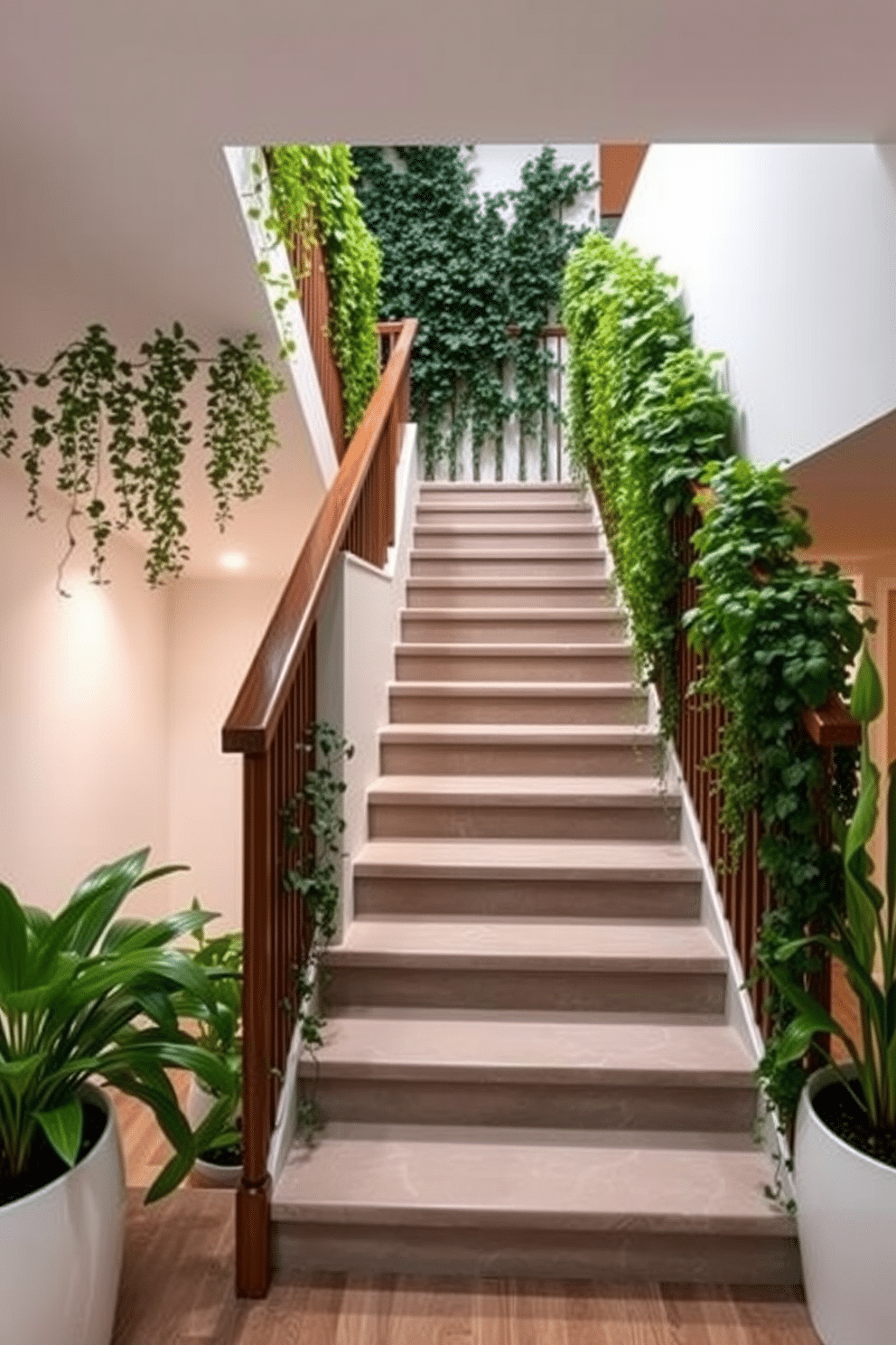 A stunning basement staircase design featuring cascading plants that gracefully drape along the sides. The staircase is framed by sleek wooden banisters, with warm lighting highlighting the lush greenery for an inviting atmosphere.