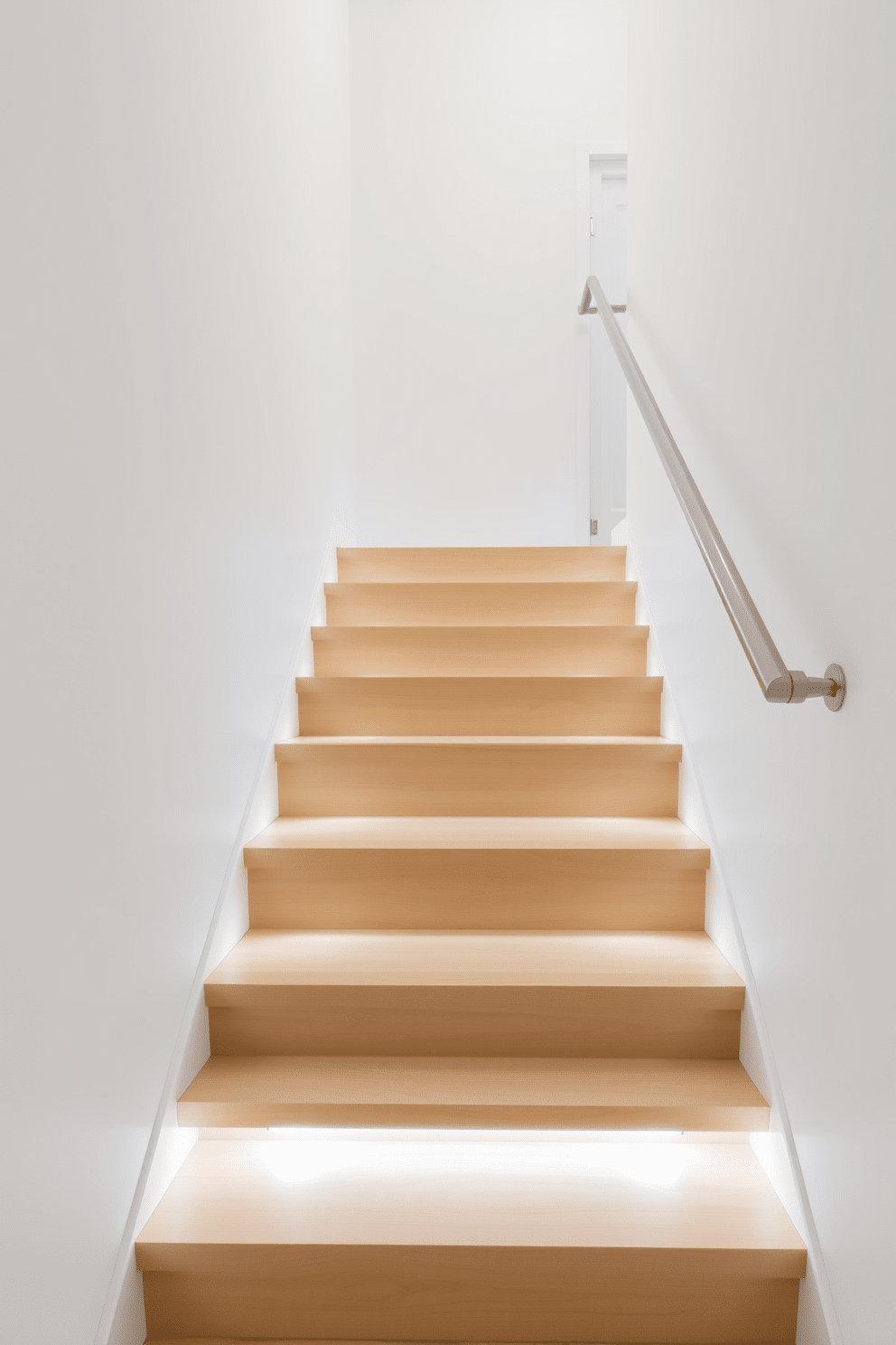 A minimalist staircase with hidden supports features sleek, uninterrupted lines that create a sense of openness and elegance. The treads are made of light wood, seamlessly blending with the surrounding walls painted in a soft white hue. This basement staircase design incorporates built-in LED lighting along the steps, enhancing safety and ambiance. The handrail is a simple glass panel that adds to the modern aesthetic while allowing light to flow freely throughout the space.