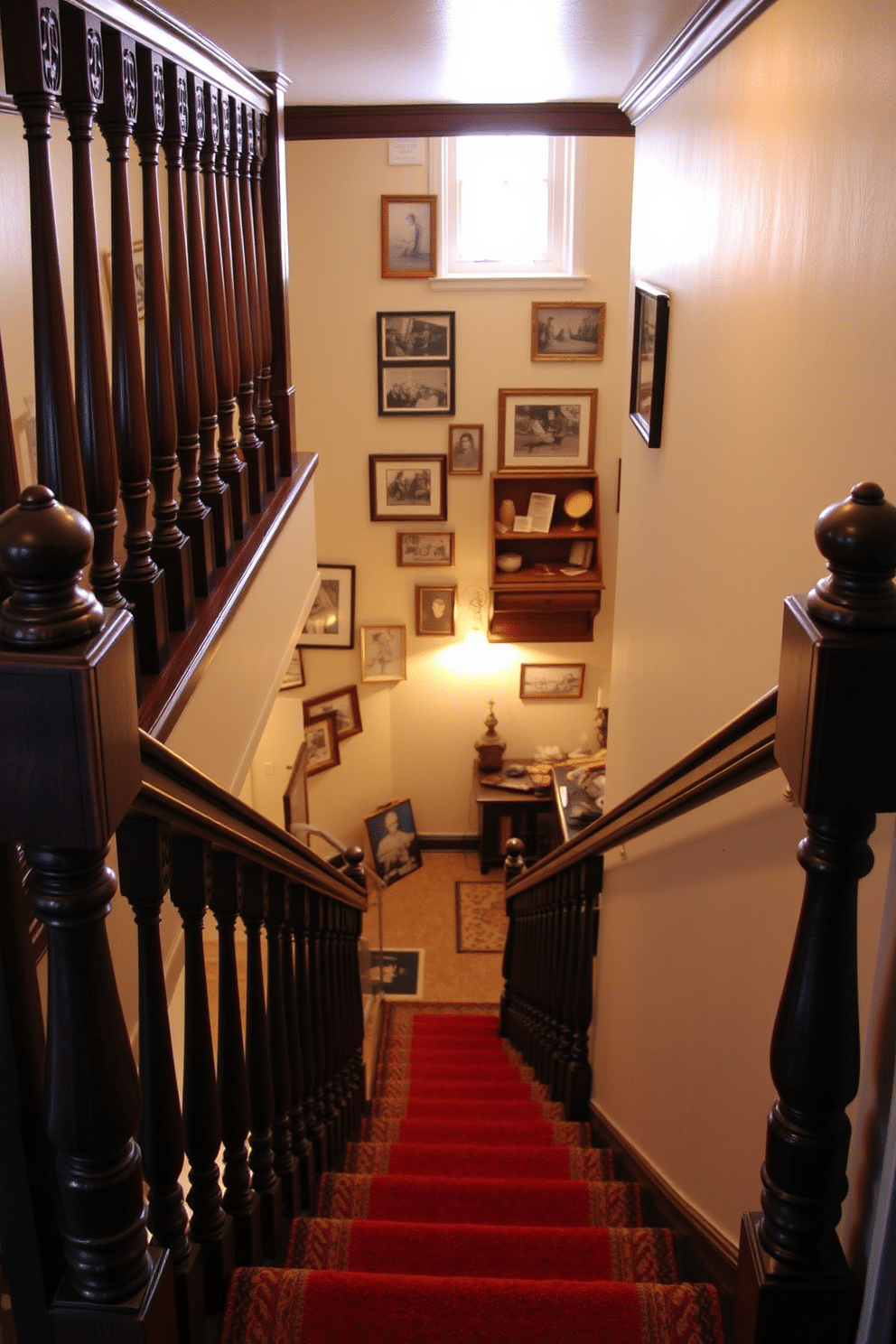 A vintage-style staircase features ornate balusters intricately carved from dark wood, adding a touch of elegance to the space. The stairs are covered with a rich runner that complements the balusters, leading down to a cozy, well-lit basement area. The basement staircase is designed with soft, ambient lighting that highlights the craftsmanship of the balusters. Surrounding the staircase, the walls are adorned with vintage photographs, enhancing the nostalgic feel of the setting.