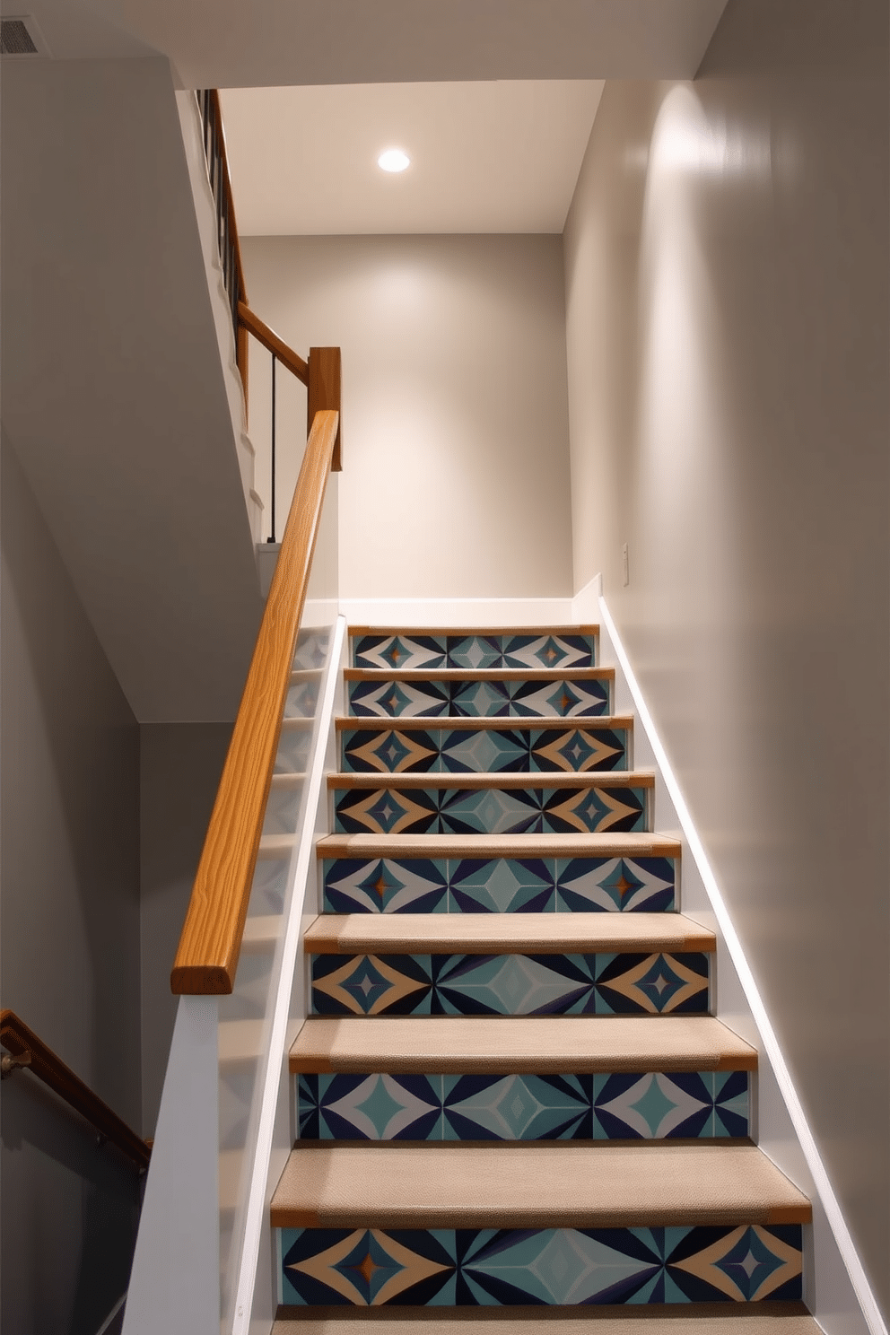 A contemporary basement staircase features geometric-patterned risers that add a modern touch to the space. The walls are painted in a soft gray, while warm wood handrails complement the sleek design of the staircase. The risers showcase a mix of bold colors and shapes, creating a dynamic visual effect as one ascends or descends. Soft, ambient lighting highlights the patterns, enhancing the overall aesthetic of the basement area.