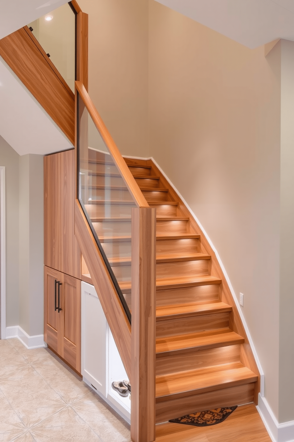 A stylish basement staircase features sleek, built-in cabinetry seamlessly integrated under the steps, providing ample storage for shoes and outdoor gear. The staircase is illuminated by recessed lighting, highlighting the rich wood finish and creating a warm, inviting atmosphere. The design incorporates a modern railing with glass panels, allowing light to flow through while maintaining safety. Soft, neutral colors on the walls complement the natural tones of the wood, enhancing the overall elegance of the space.