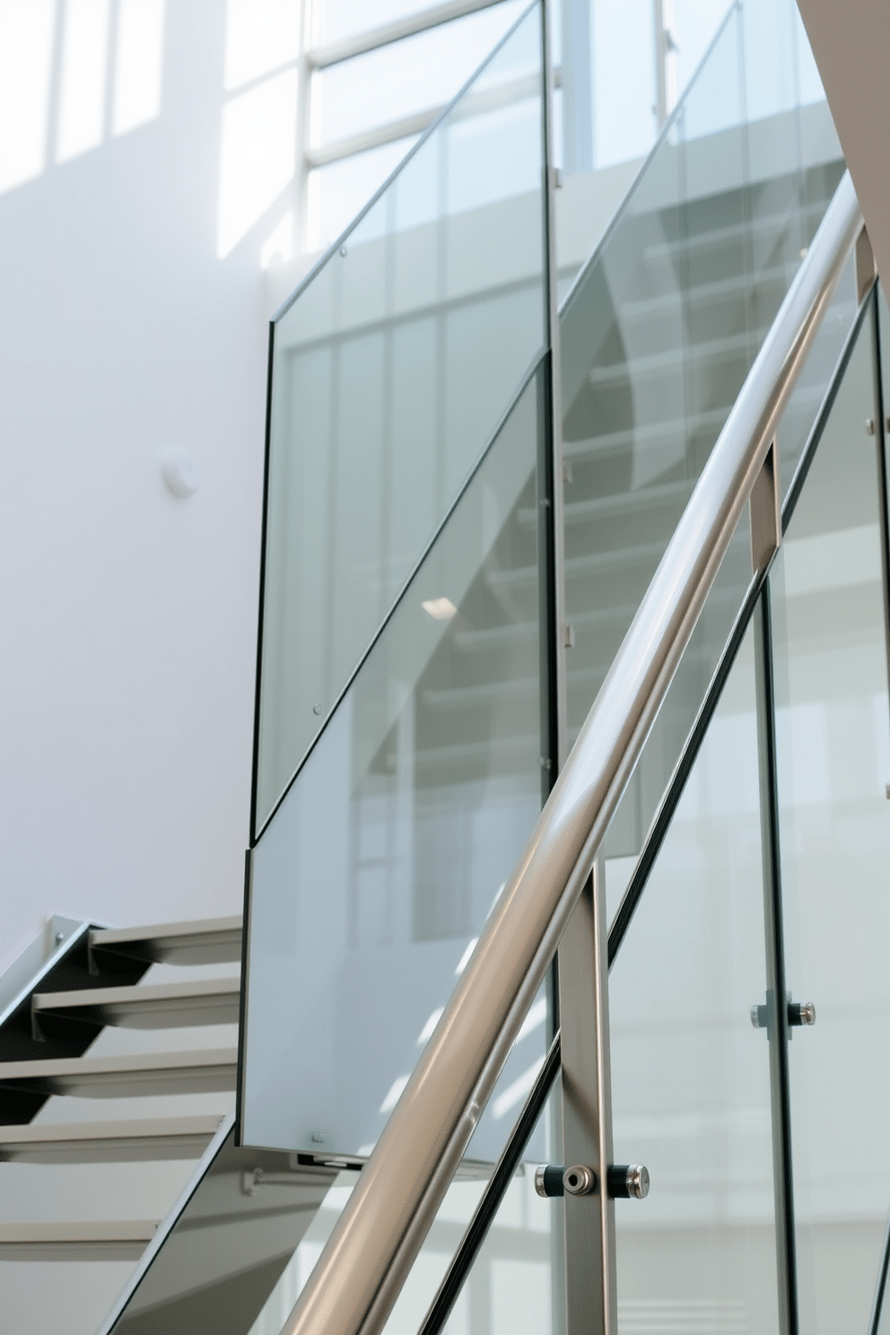 A sleek metal staircase with glass panels ascends gracefully, creating an airy and modern aesthetic. The polished metal structure contrasts beautifully with the soft lighting that highlights the transparent glass, providing a sense of openness and elegance. The staircase is framed by a minimalist design, with clean lines and a seamless integration into the surrounding space. The glass panels allow natural light to flood the area, enhancing the contemporary feel while ensuring safety and visibility.