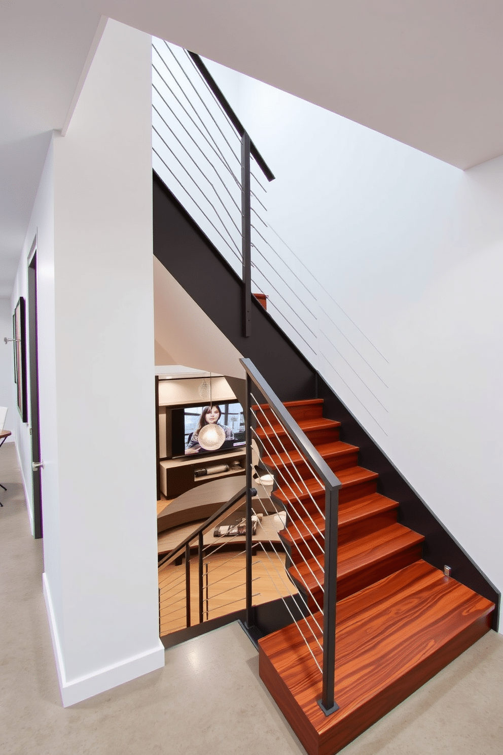 A contemporary staircase with an angular design features bold geometric lines and a sleek metal railing that complements the minimalist aesthetic. The steps are crafted from a rich hardwood, contrasting beautifully with the light-colored walls that enhance the open feel of the space. In the basement, the staircase leads down to a modern entertainment area, illuminated by recessed lighting that highlights the unique angles of the design. The walls are adorned with stylish artwork, and the flooring is a polished concrete that adds an industrial touch to the overall ambiance.