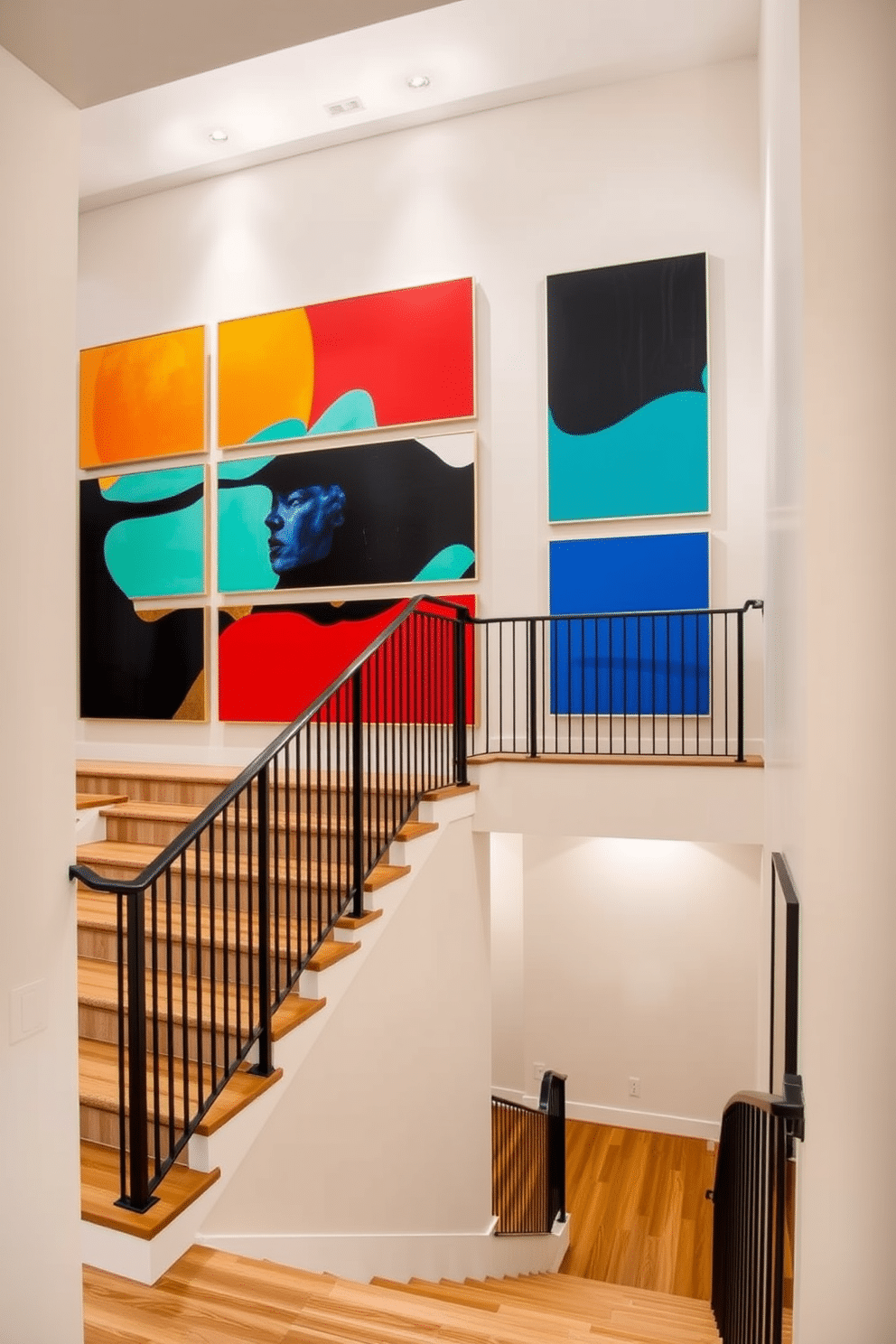 A grand staircase features a striking display of oversized artwork, with vibrant colors that draw the eye upward. The walls are painted in a soft neutral tone, allowing the art to stand out, while elegant lighting highlights the pieces. The basement staircase is designed with a modern aesthetic, incorporating sleek metal railings and warm wooden treads. Soft, ambient lighting illuminates the space, creating a welcoming atmosphere that complements the contemporary decor.