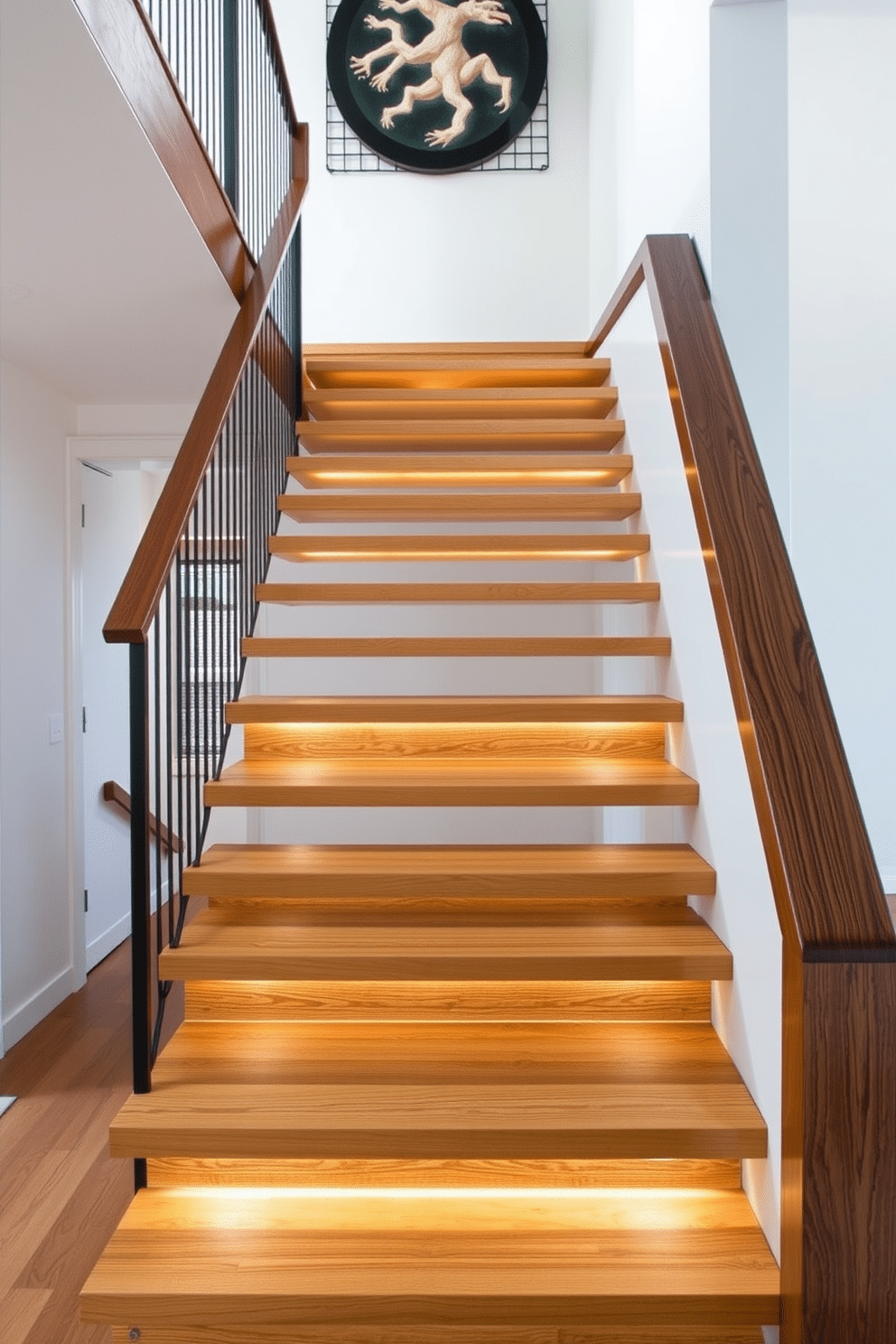 An open riser staircase creates a sense of spaciousness and lightness, featuring sleek wooden treads that seem to float in mid-air. The surrounding walls are painted in a soft white, enhancing the airy feel while allowing natural light to flood the space. For a basement staircase design, consider a combination of dark wood and metal accents, providing a modern yet warm aesthetic. Incorporate built-in LED lighting along the sides to illuminate each step, creating a welcoming atmosphere in the lower level.