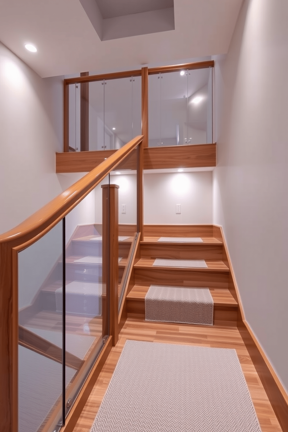 A stunning basement staircase featuring a sleek wood and glass combination. The handrail is made of polished wood, while the balusters are clear glass panels, creating an open and airy feel. The staircase is illuminated by recessed lighting that highlights the natural grain of the wood. A stylish runner in a neutral tone adds warmth and texture to the steps, enhancing the overall elegance of the design.