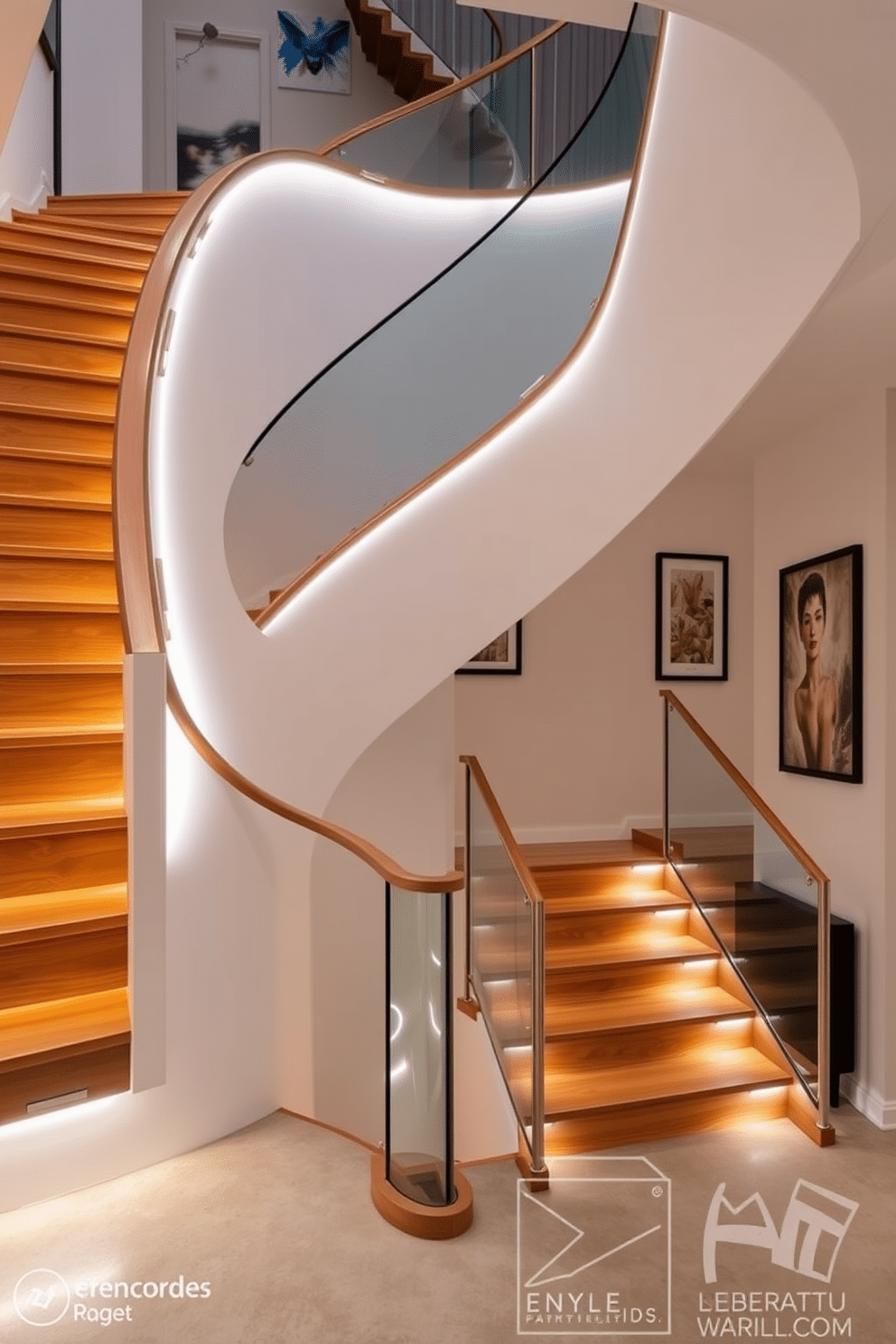 A stunning curved staircase with integrated lighting gracefully ascends, featuring sleek wooden steps that create a warm ambiance. The staircase is illuminated by soft LED lights embedded within the handrail, casting a gentle glow that highlights the elegant curves and enhances the overall design. In the basement, the staircase design incorporates modern materials such as glass and metal, providing a contemporary contrast to the traditional elements above. The walls are adorned with artwork, and the floor is finished with polished concrete, creating a chic and inviting atmosphere that seamlessly connects to the rest of the home.