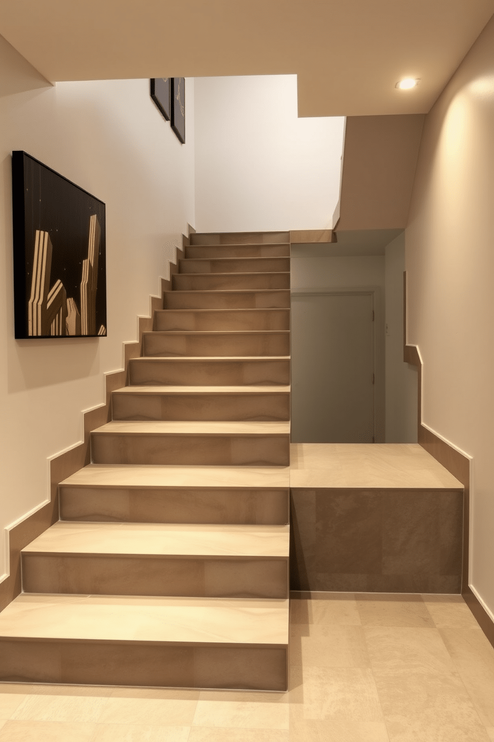 A striking basement staircase features sleek stained concrete steps that exude a contemporary aesthetic. The walls are adorned with minimalist artwork, and warm LED lighting highlights the clean lines of the staircase.