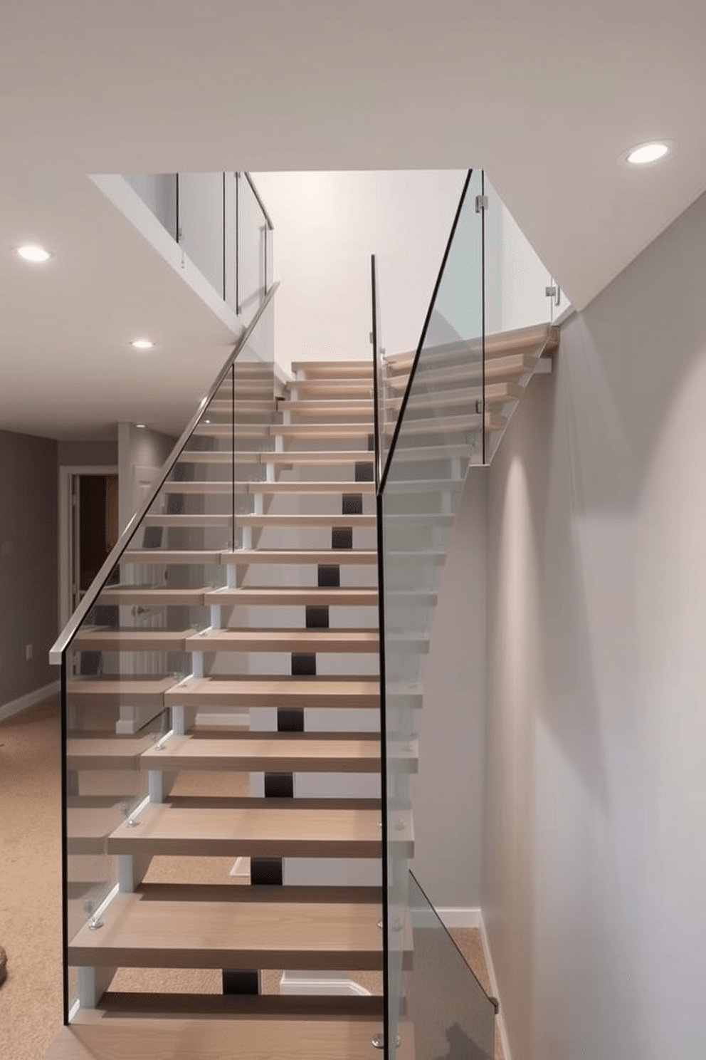 A stunning floating staircase with a minimalist design features sleek, open treads that seem to defy gravity, allowing light to filter through the space. The railing is crafted from glass and stainless steel, enhancing the airy feel while providing safety and elegance. In a contemporary basement, the staircase is complemented by soft, recessed lighting that highlights the clean lines and modern aesthetic. The walls are painted in a soft gray, creating a serene backdrop for the striking staircase as it leads down to the inviting lower level.