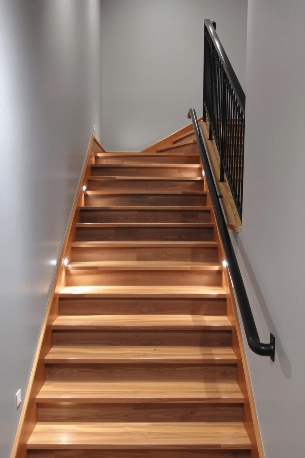 A stunning basement staircase featuring reclaimed wood stairs that exude warmth and character. The stairs are complemented by a sleek iron railing, adding a modern touch to the rustic elements. The walls surrounding the staircase are painted in a soft gray, enhancing the natural tones of the wood. Ambient lighting is strategically placed to illuminate the steps, creating an inviting atmosphere as you descend into the basement.