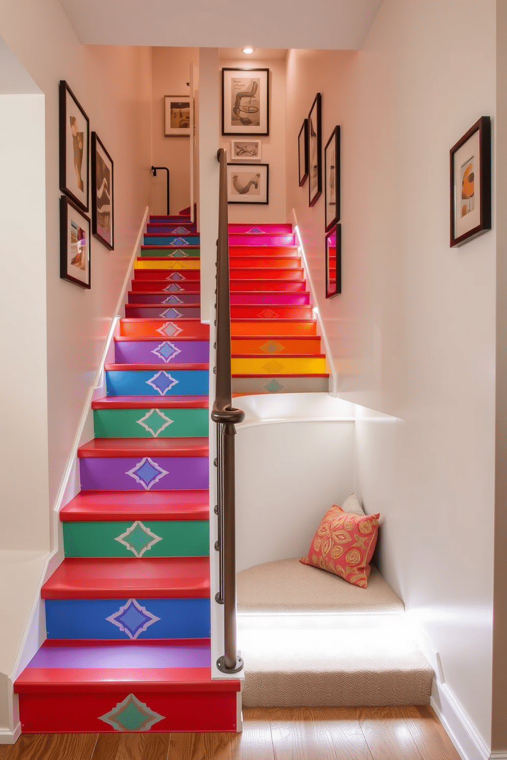 A brightly painted staircase features vibrant hues that contrast beautifully with the surrounding neutral walls, creating a bold statement in the home. The steps are adorned with a playful geometric pattern, while a sleek metal railing adds a modern touch to the overall design. The basement staircase is designed with functionality and style in mind, featuring built-in LED lights along the sides for safety and ambiance. The walls are lined with artwork, and a cozy reading nook is created at the landing, inviting relaxation in this often-overlooked space.