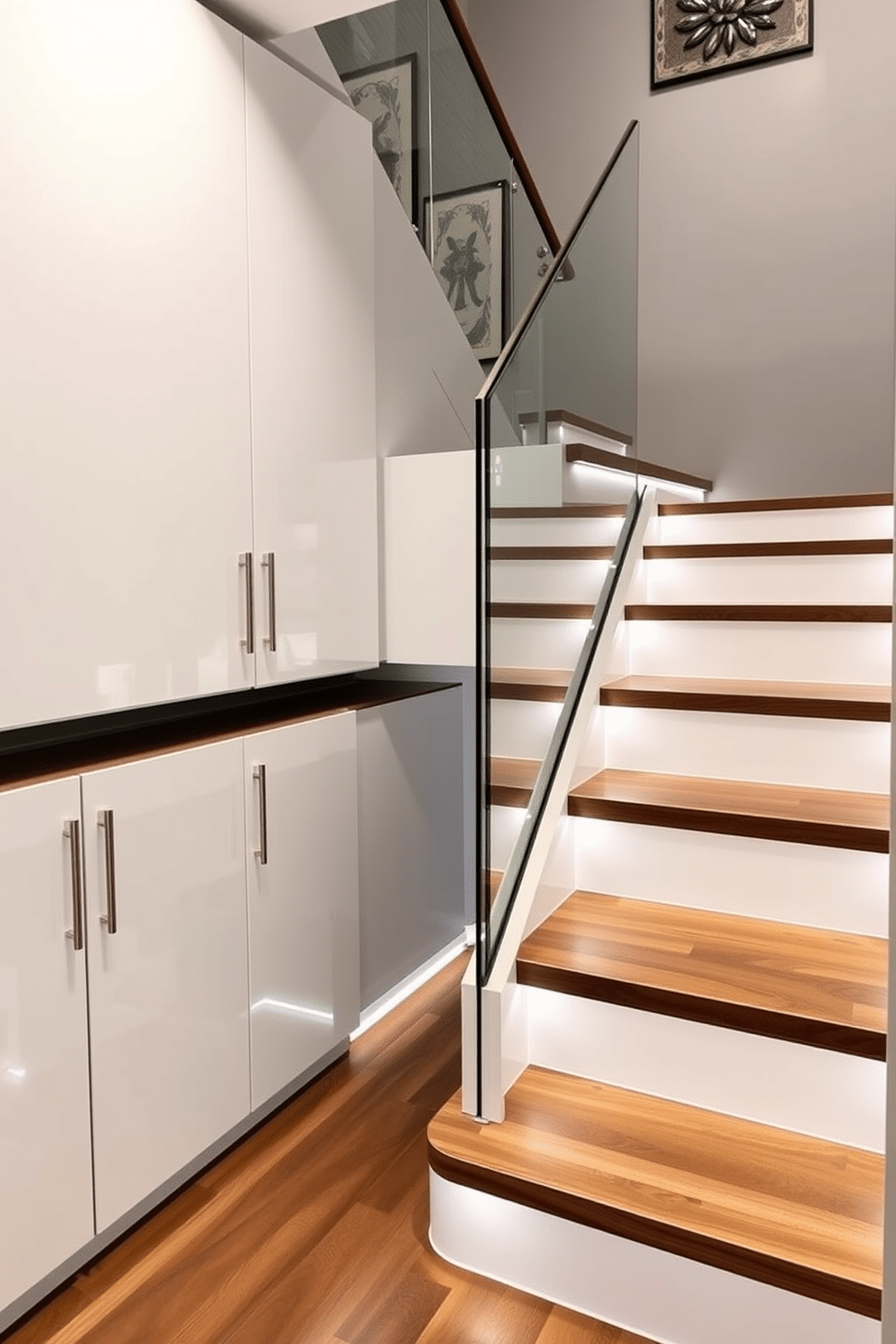 A modern under-stair storage solution featuring sleek cabinetry with a minimalist design. The cabinetry is finished in a high-gloss white, seamlessly blending into the wall, while the staircase is adorned with elegant wooden treads and a glass railing. The basement staircase design incorporates soft LED lighting along the steps, creating a warm and inviting atmosphere. The walls are painted in a light gray tone, enhancing the spacious feel, with decorative art pieces strategically placed to add character.