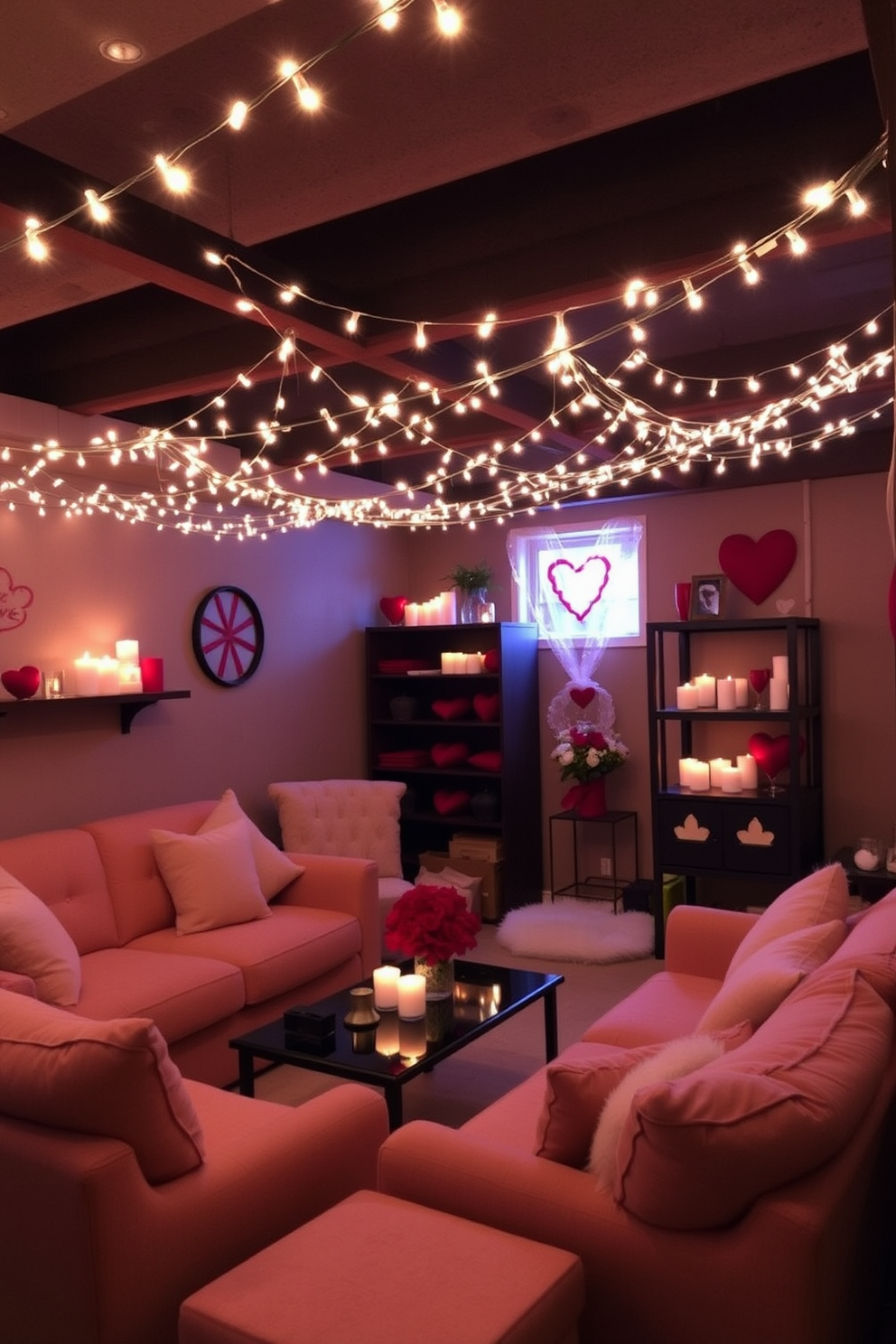 A cozy basement setting adorned with romantic string lights draping across the ceiling, casting a warm glow throughout the space. Flickering candles are strategically placed on shelves and tables, creating an intimate ambiance perfect for a Valentine's Day celebration. Soft, plush seating is arranged around a low coffee table, inviting guests to relax and enjoy the atmosphere. Heart-shaped decorations and subtle floral arrangements enhance the romantic theme, making the basement feel like a charming hideaway for the occasion.