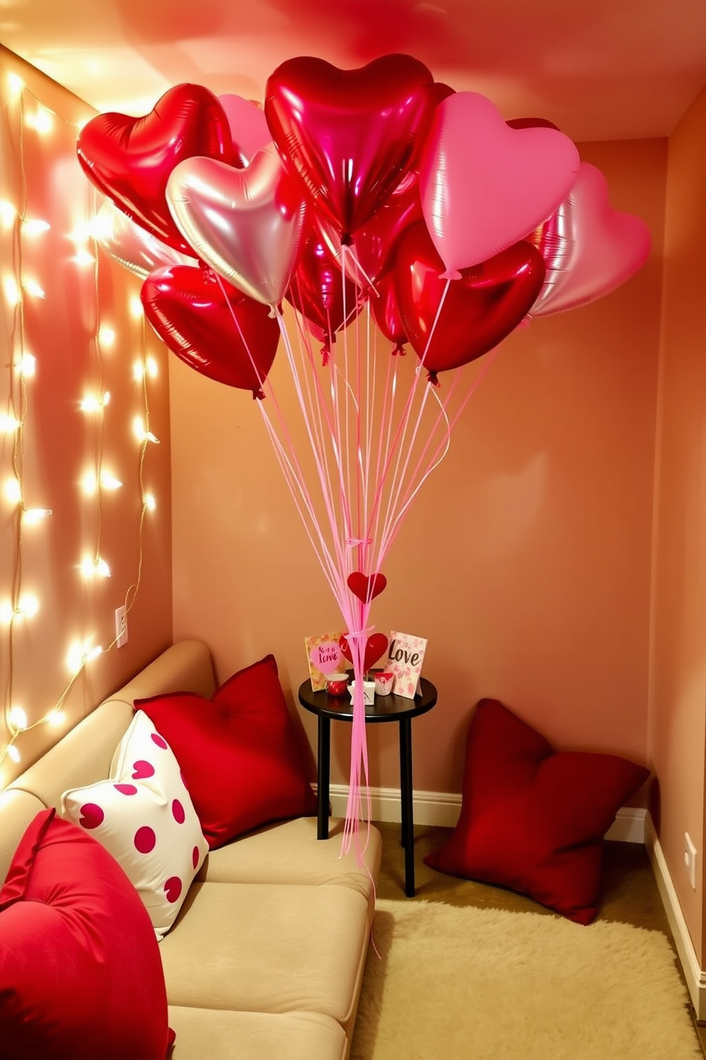 A whimsical heart-shaped balloon arrangement fills the corner of a cozy basement, creating a festive atmosphere for Valentine's Day. The balloons in various shades of red and pink are tied together with delicate ribbons, floating gently above a small table adorned with love-themed decorations. Soft fairy lights drape around the room, adding a warm glow to the space and enhancing the romantic vibe. A plush seating area features heart-patterned cushions, inviting guests to relax and enjoy the charming decor.