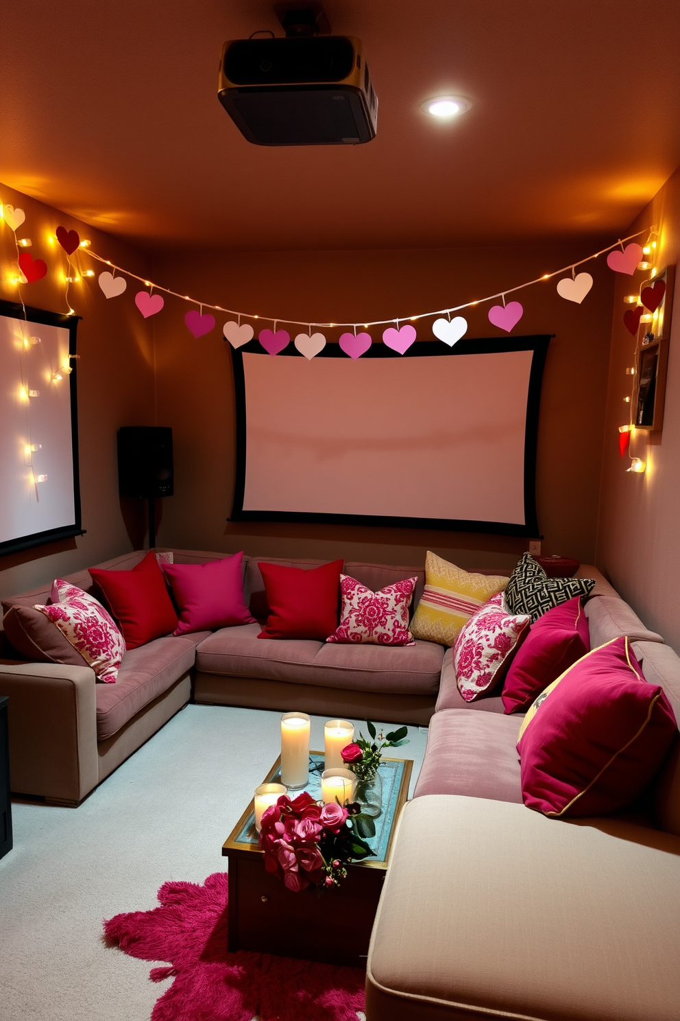 A cozy romantic movie corner is set up in a softly lit basement, featuring a plush sectional sofa adorned with an array of colorful throw pillows. A large, vintage-style projector screen hangs on one wall, with fairy lights draped around it, creating an inviting atmosphere for movie nights. For Valentine's Day, the space is decorated with heart-shaped cushions and a whimsical garland of paper hearts strung across the ceiling. A small coffee table is adorned with candles and a bouquet of fresh roses, enhancing the romantic ambiance.