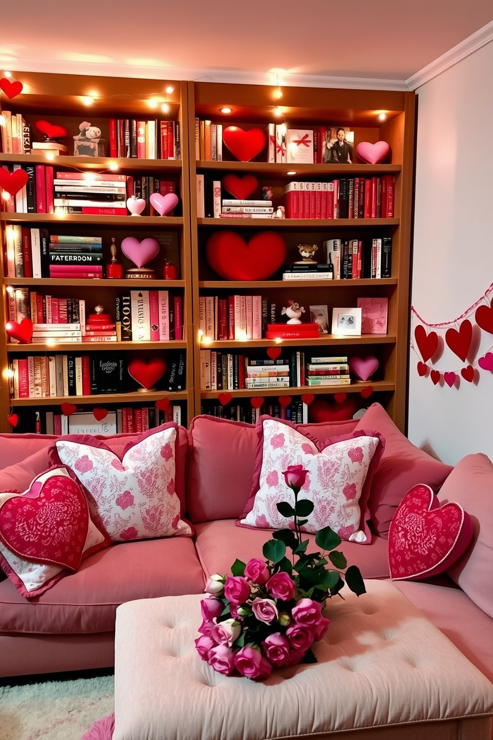 A cozy love-themed bookshelf decor featuring an array of romantic novels and heart-shaped trinkets. Soft fairy lights entwine around the shelves, creating a warm and inviting glow. A charming basement decorated for Valentine's Day, showcasing plush seating adorned with heart-patterned cushions. The space is enhanced with red and pink accents, including heart garlands and a bouquet of fresh roses on the coffee table.