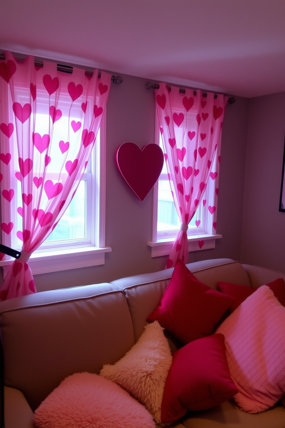 A cozy basement space decorated for Valentine's Day features heart-patterned curtains that drape elegantly over the windows, adding a touch of romance. Soft, ambient lighting creates a warm atmosphere, while plush cushions in shades of red and pink are scattered across a comfortable sofa, inviting relaxation.