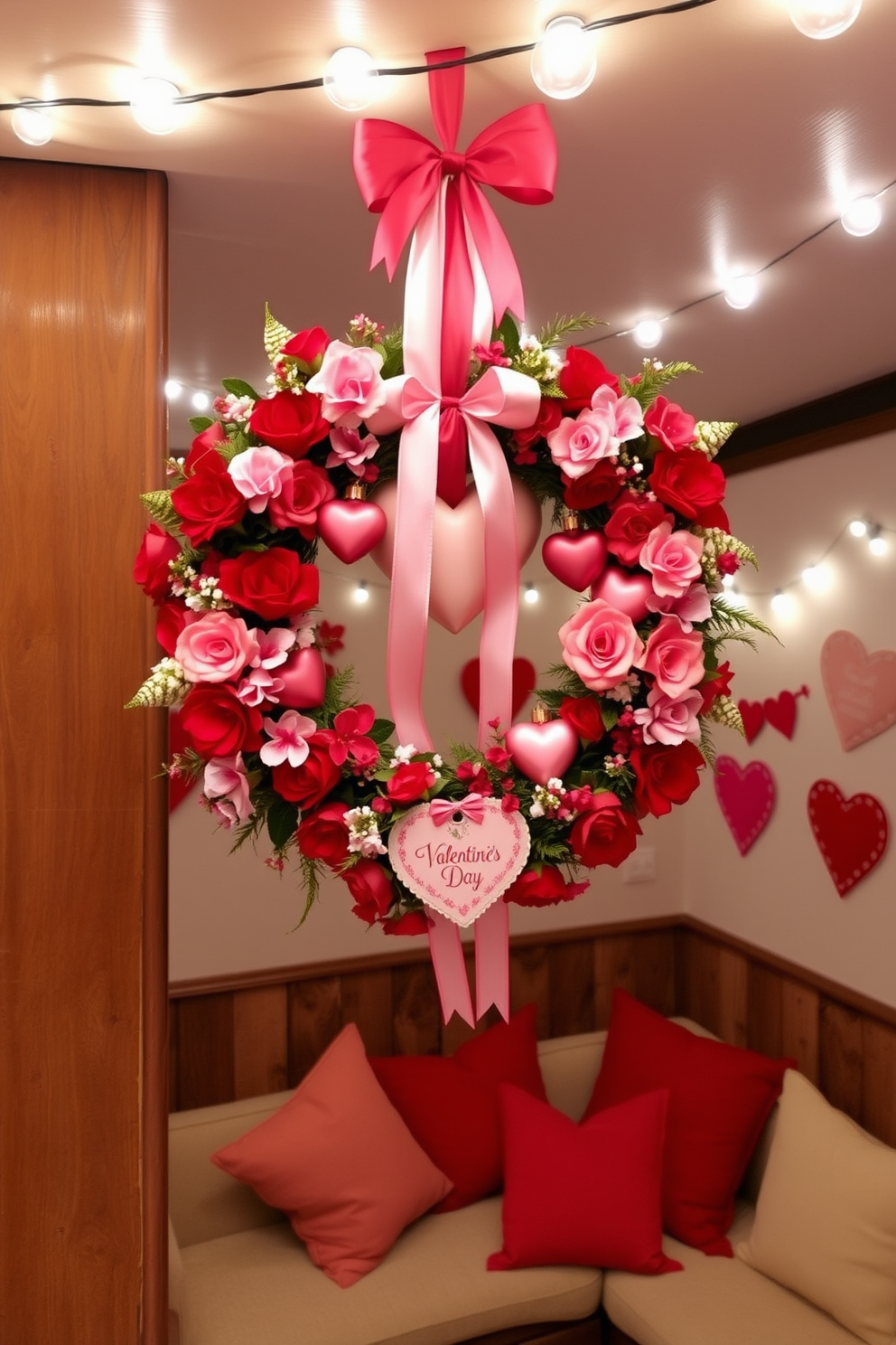 A charming Valentine's Day wreath adorned with red and pink flowers, heart-shaped ornaments, and delicate ribbons. The wreath is hung on a rustic wooden door, welcoming guests with festive cheer. In the basement, create a cozy Valentine's Day atmosphere with string lights draped across the ceiling and heart-themed decorations on the walls. A plush seating area with soft cushions and a romantic color palette invites couples to relax and celebrate the occasion.