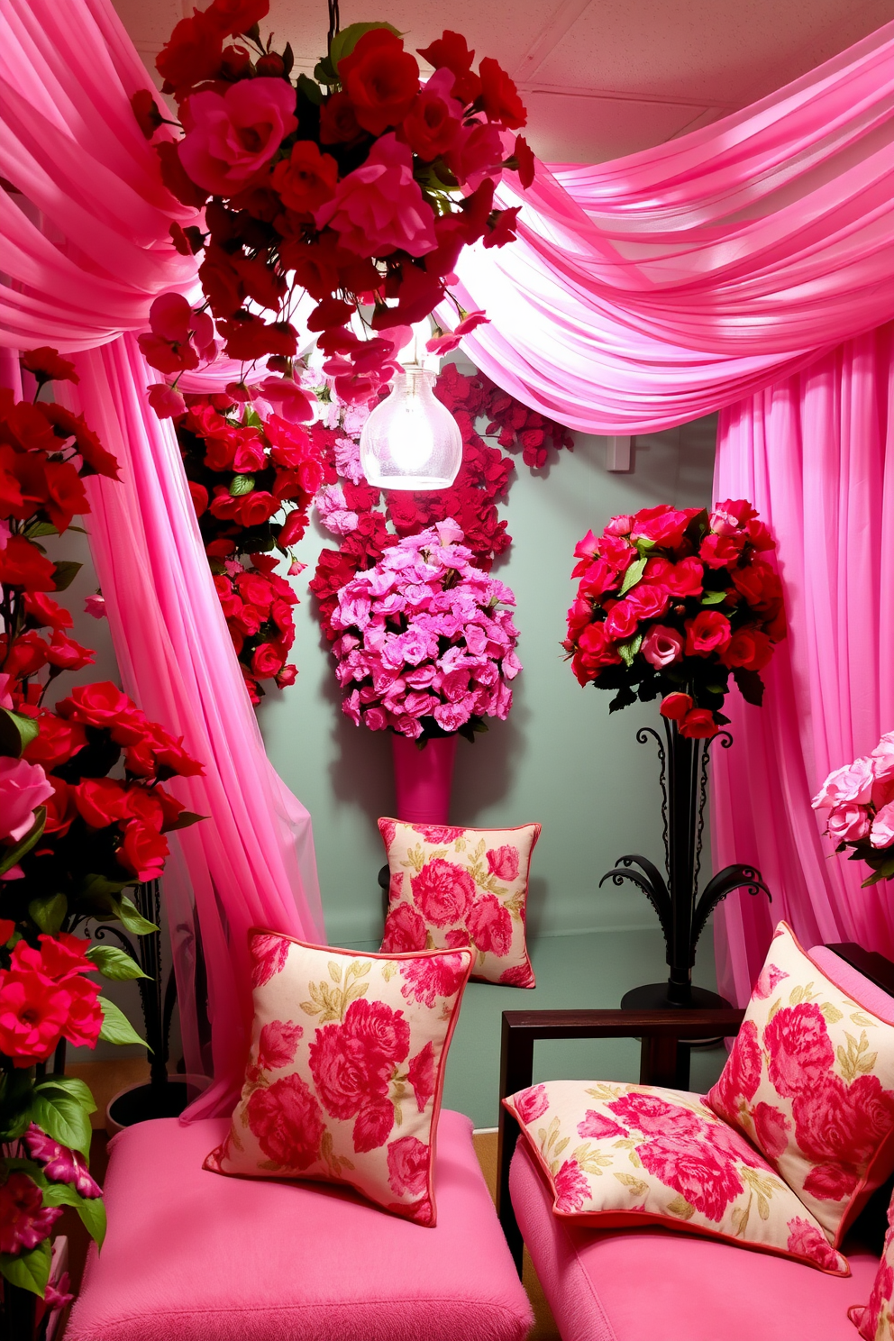 A vibrant basement space adorned with red and pink floral arrangements, creating a cheerful and romantic atmosphere for Valentine's Day. The walls are draped with soft, sheer fabric in complementary hues, while cozy seating areas are enhanced with plush cushions featuring floral patterns.