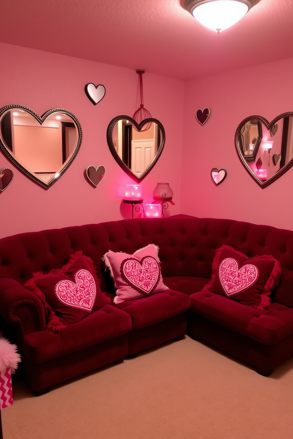 A cozy basement space decorated for Valentine's Day features heart-shaped mirrors adorning the walls, reflecting soft, warm lighting. Plush seating in shades of red and pink invites relaxation, while decorative throw pillows with heart motifs add a playful touch.