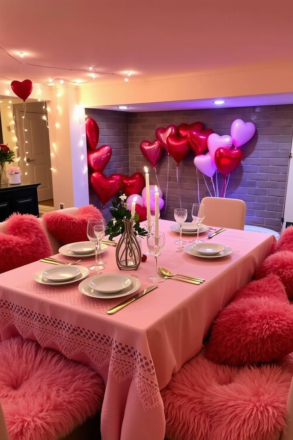 A romantic Valentine's themed table setting featuring a soft pink tablecloth adorned with delicate lace. The table is elegantly set with fine china, sparkling crystal glasses, and gold cutlery, complemented by a centerpiece of fresh red roses and flickering candles. A cozy basement decorated for Valentine's Day with string lights draping from the ceiling and heart-shaped balloons scattered around. Plush seating is arranged with fluffy throw pillows in shades of red and pink, creating an inviting atmosphere for intimate gatherings.