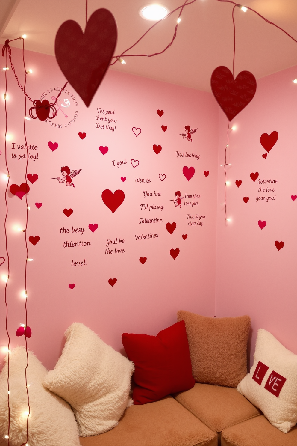 A whimsical Valentine's Day-themed space adorned with playful wall decals featuring hearts, cupids, and sweet messages. The decals are arranged in a charming pattern on a soft pink wall, creating a festive atmosphere perfect for celebrating love. In the basement, cozy seating is enhanced by plush cushions in shades of red and white, inviting relaxation. Strings of fairy lights are draped around the room, adding a warm glow to the romantic decor, complemented by heart-shaped garlands hanging from the ceiling.