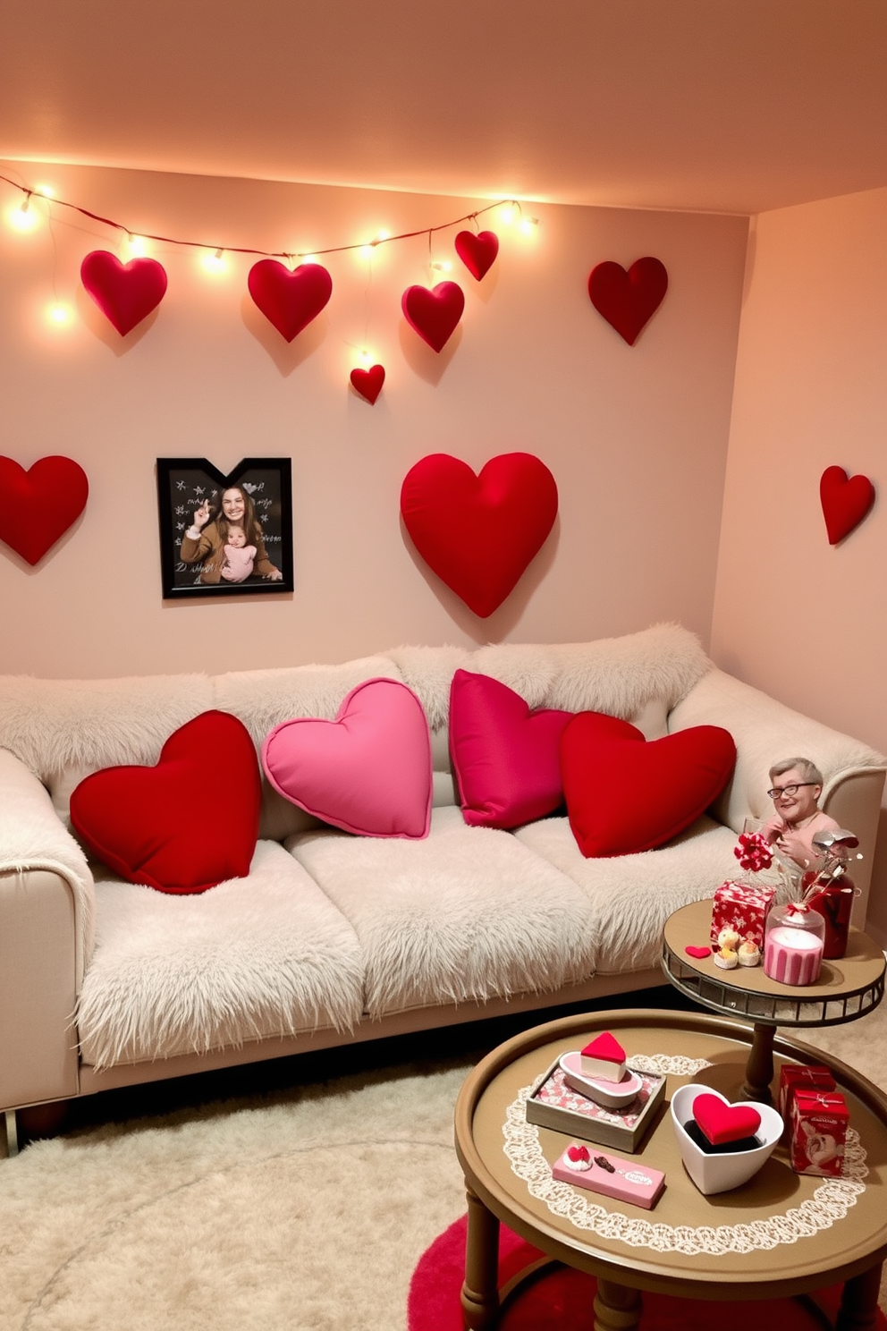 Create a cozy basement space decorated for Valentine's Day, featuring heart-shaped cushions in various shades of red and pink scattered across a plush sofa. Soft lighting from string lights creates a warm ambiance, while a small coffee table displays heart-themed decorations and treats.