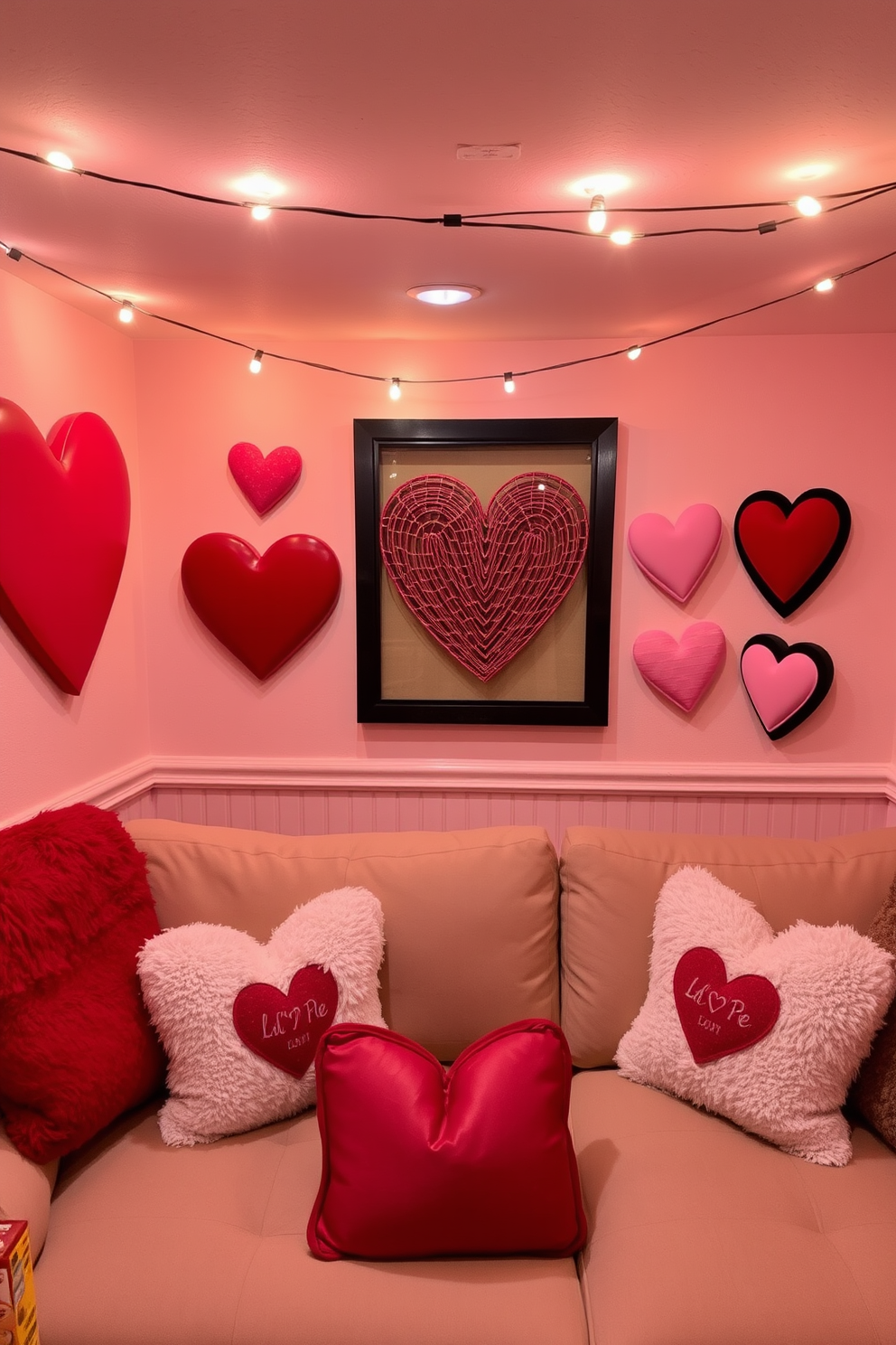 A cozy basement space adorned with heart-shaped wall art creates a romantic atmosphere perfect for Valentine's Day. The walls are painted in soft pastel colors, and the art pieces feature various shades of red and pink, adding warmth and charm to the area. Plush seating arrangements with heart-themed throw pillows invite guests to relax and enjoy the festive decor. String lights are draped along the ceiling, casting a gentle glow that enhances the intimate setting for celebrations.