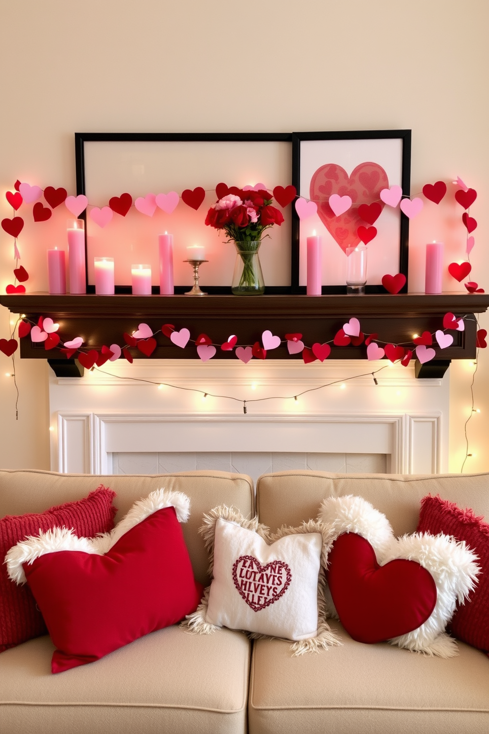 A charming Valentine's themed mantel decor featuring an array of heart-shaped garlands draped elegantly across the top. Soft pink and red candles of varying heights are placed strategically, casting a warm glow, while fresh flowers in a vintage vase add a romantic touch. For basement Valentine's Day decorating ideas, cozy string lights are strung along the walls to create an inviting atmosphere. Plush throw pillows in shades of red and white are scattered on a comfortable sofa, complemented by heart-themed artwork hung above.