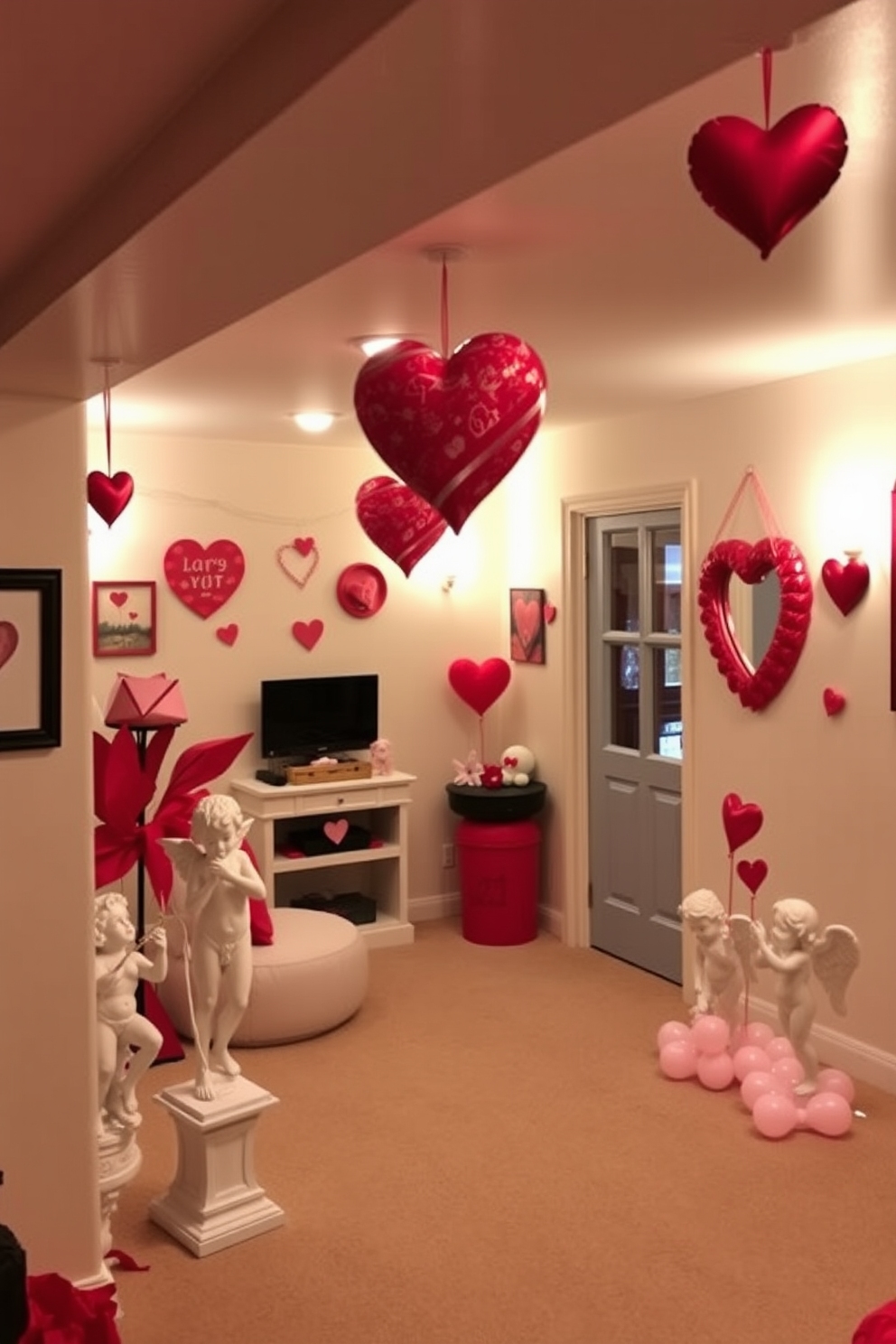 A charming basement setting adorned for Valentine's Day, featuring Cupid figurines and statues placed strategically throughout the space. Soft, ambient lighting enhances the romantic atmosphere, while heart-themed decorations hang from the ceiling, creating a festive vibe.