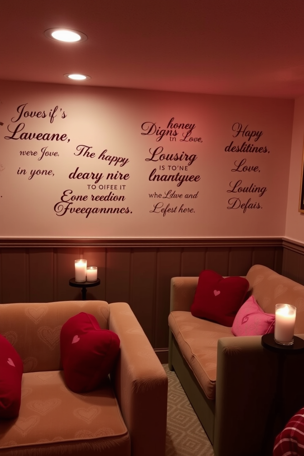 A cozy basement space adorned with love-themed wall quotes in elegant typography. Soft, ambient lighting highlights the quotes, creating a warm and inviting atmosphere perfect for Valentine's Day celebrations. The decor features plush seating arrangements with heart-patterned cushions, complemented by romantic candle displays on side tables. Subtle touches like red and pink accents in the decor enhance the festive spirit, making the space ideal for intimate gatherings.