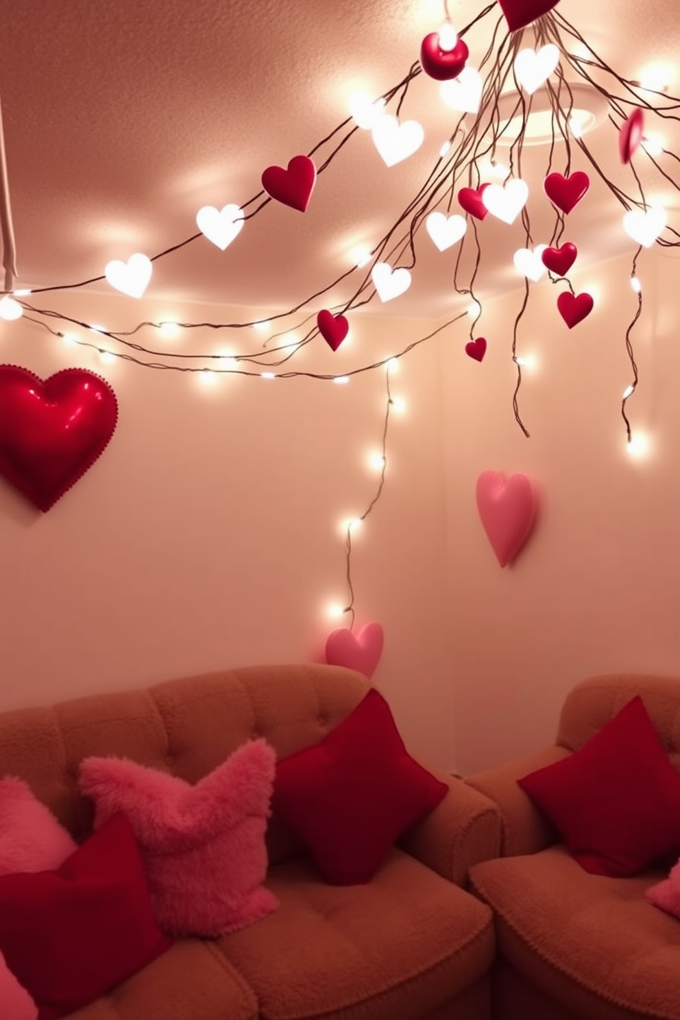 A cozy basement decorated for Valentine's Day features heart-shaped fairy lights draping across the ceiling, casting a warm and romantic glow. Soft, plush seating areas are adorned with red and pink throw pillows, creating an inviting atmosphere for intimate gatherings.