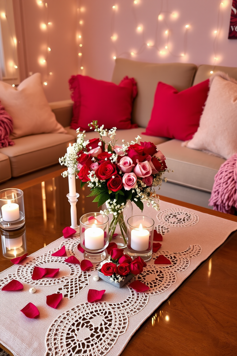 A romantic Valentine's themed coffee table centerpiece featuring a heart-shaped arrangement of red and pink roses, accented with delicate white baby's breath. The table is adorned with a soft, lace table runner and flickering candles in elegant glass holders, creating a warm and inviting atmosphere. For basement Valentine's Day decorating ideas, consider stringing fairy lights along the walls to add a cozy glow. Incorporate plush throw pillows and blankets in shades of red and pink to create a comfortable and intimate setting for celebrating the occasion.