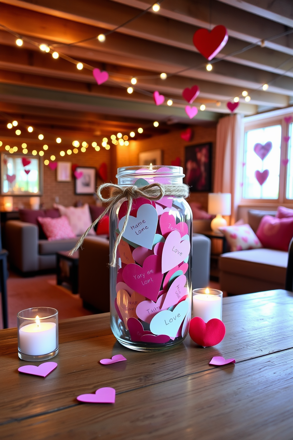 A charming DIY love note jar filled with colorful paper hearts, each inscribed with heartfelt messages. The jar is adorned with a rustic twine bow and placed on a wooden table, surrounded by soft candlelight. A cozy basement transformed for Valentine's Day, featuring string lights draped across the ceiling and plush seating arrangements. Heart-themed decorations and a romantic color palette of reds and pinks create an inviting atmosphere for a special celebration.