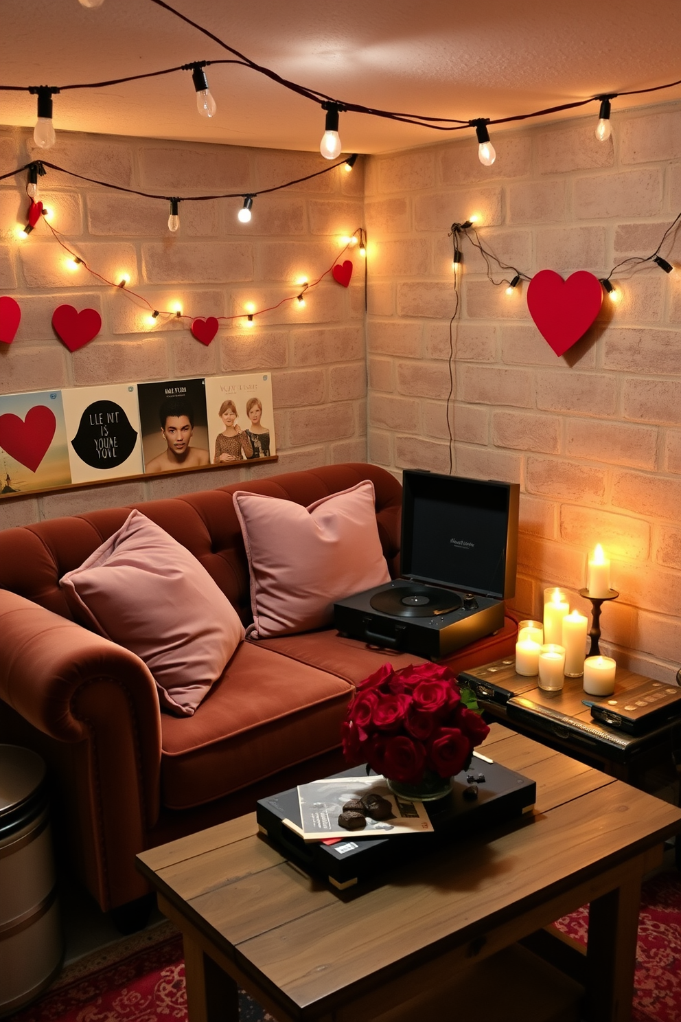 A cozy romantic music corner is created in the basement, featuring a plush velvet loveseat adorned with soft throw pillows. A vintage record player sits on a rustic wooden side table, surrounded by a collection of vinyl records and warm ambient lighting from string lights overhead. For Valentine's Day, the space is decorated with heart-shaped garlands and flickering candles that cast a soft glow. A small coffee table holds a bouquet of red roses and a box of chocolates, inviting couples to relax and enjoy the intimate atmosphere.