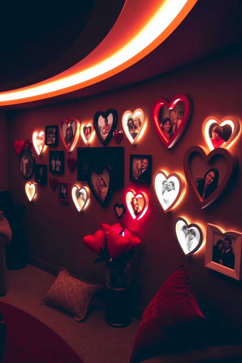 A cozy basement adorned for Valentine's Day features heart-shaped picture frames displaying cherished memories, arranged in a playful collage on the wall. Soft, ambient lighting casts a warm glow, highlighting the frames against a backdrop of rich, deep colors that evoke romance and intimacy.