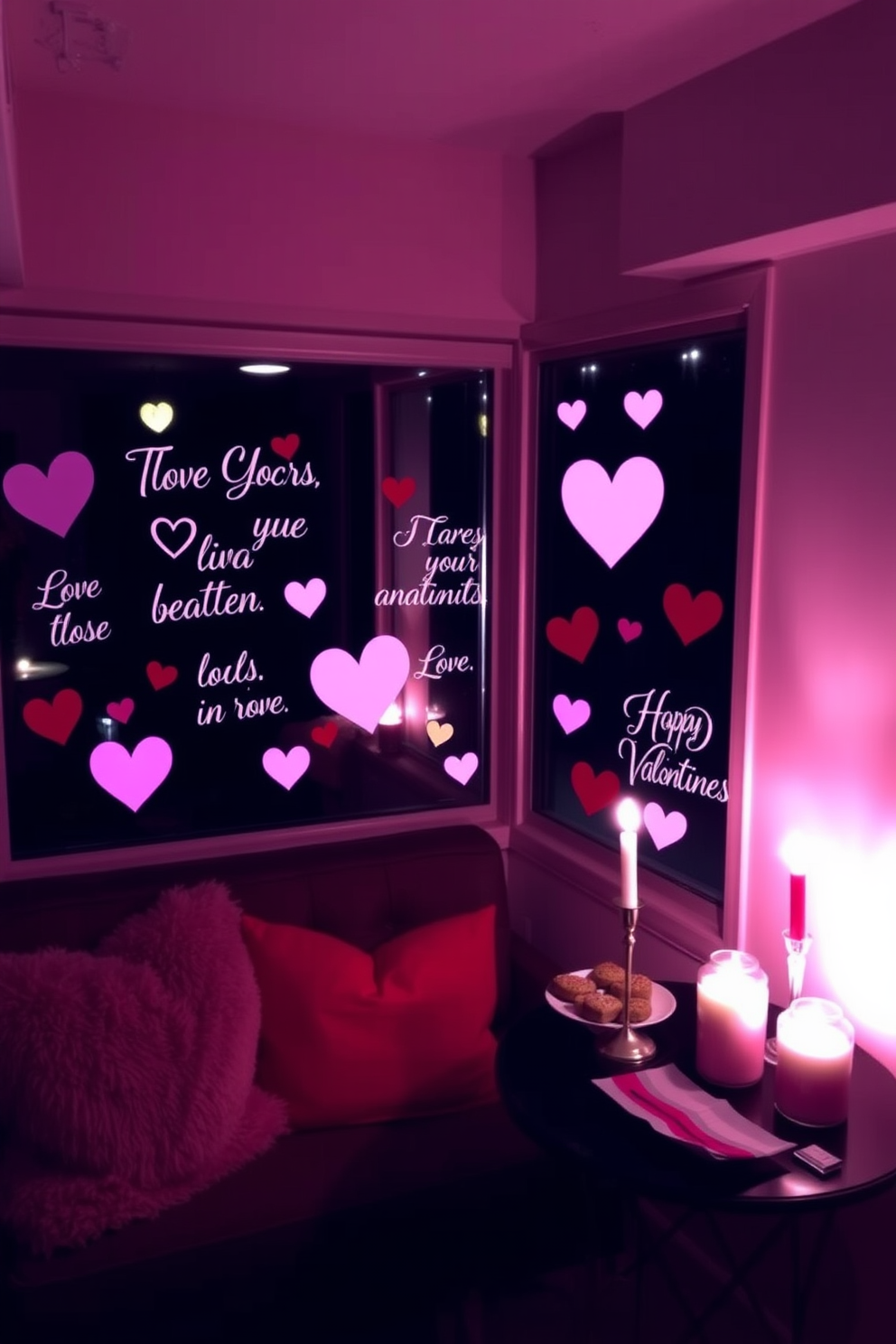 A cozy basement space decorated for Valentine's Day features charming window clings with hearts and love messages, bringing a festive spirit to the room. Soft, ambient lighting illuminates the area, enhancing the romantic atmosphere created by the playful decorations. The seating area is adorned with plush throw pillows in shades of pink and red, inviting guests to relax and enjoy the celebration. A small table is set with heart-shaped treats and candles, adding a sweet touch to the Valentine's Day decor.