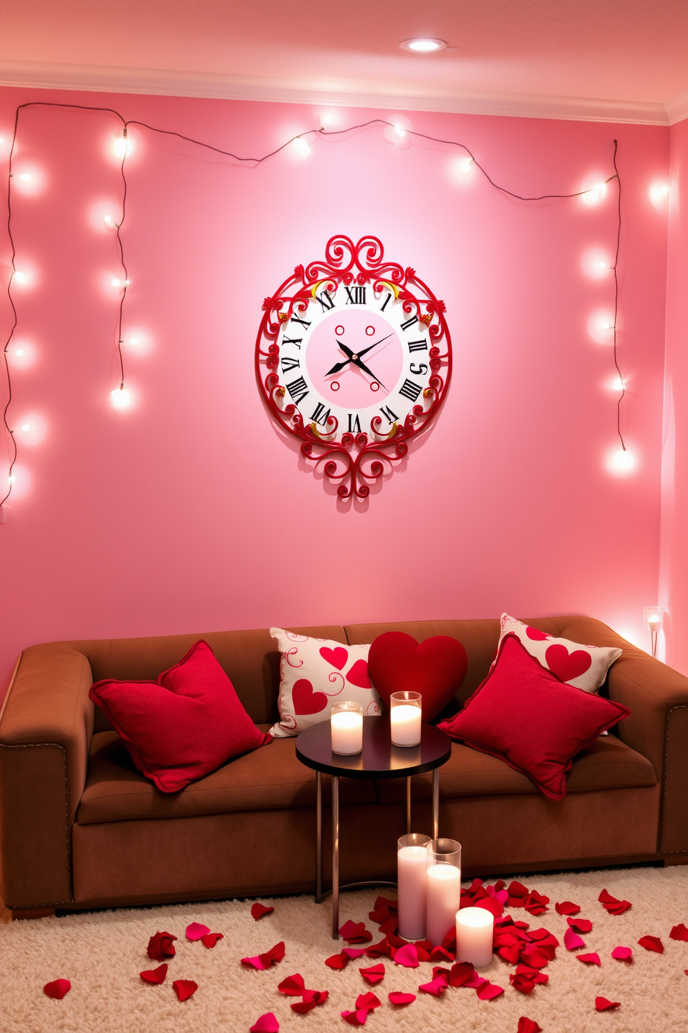 A charming love-themed wall clock features a heart-shaped design with intricate detailing in shades of red and gold. It is mounted on a soft pink wall, surrounded by delicate fairy lights that create a warm, romantic ambiance. In the basement, a cozy Valentine's Day setting is created with plush seating adorned with heart-patterned cushions. Soft, ambient lighting enhances the atmosphere, while scattered rose petals and candles add a touch of romance to the space.