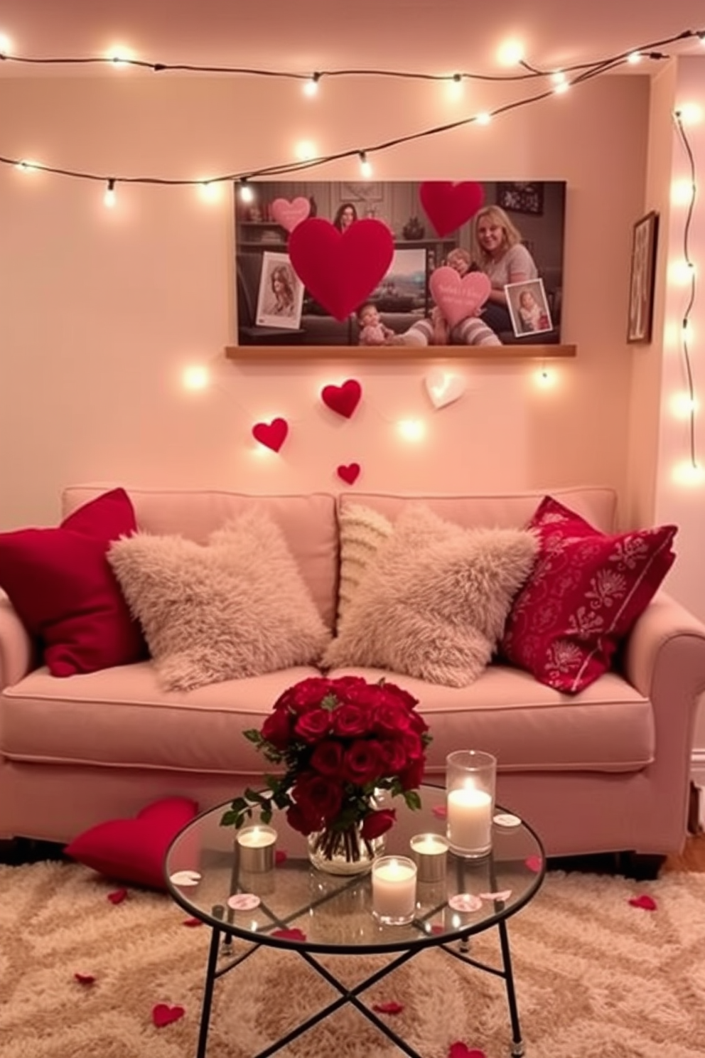 A cozy love seat adorned with plush pillows in various textures and patterns. The setting features soft ambient lighting, creating an inviting atmosphere perfect for a romantic evening. For a basement decorated for Valentine's Day, the space is filled with heart-themed accents and warm colors. String lights drape across the ceiling, illuminating a small coffee table set with candles and a bouquet of red roses.