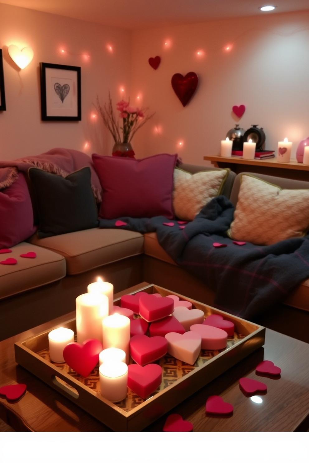 A cozy basement decorated for Valentine's Day features a romantic ambiance with heart-shaped soaps and candles scattered throughout the space. Soft, warm lighting casts a gentle glow, enhancing the intimate atmosphere while plush cushions and throws create a comfortable seating area. The walls are adorned with subtle heart-themed artwork, complementing the overall theme of love and affection. A small coffee table is set with a decorative tray holding the heart-shaped soaps and an array of scented candles, inviting guests to relax and enjoy the festive decor.