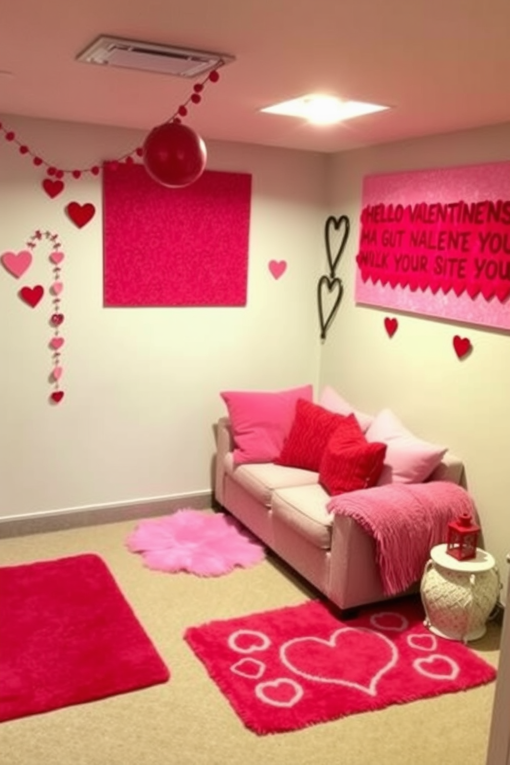 A cozy basement space adorned with pink and red accent rugs that add warmth and vibrancy to the room. Soft lighting illuminates the area, highlighting the playful patterns of the rugs against the neutral-toned walls. In one corner, a plush seating arrangement features throw pillows in coordinating colors, creating an inviting atmosphere for relaxation. Heart-themed decorations and romantic accents enhance the Valentine's Day spirit, making the space feel festive and welcoming.