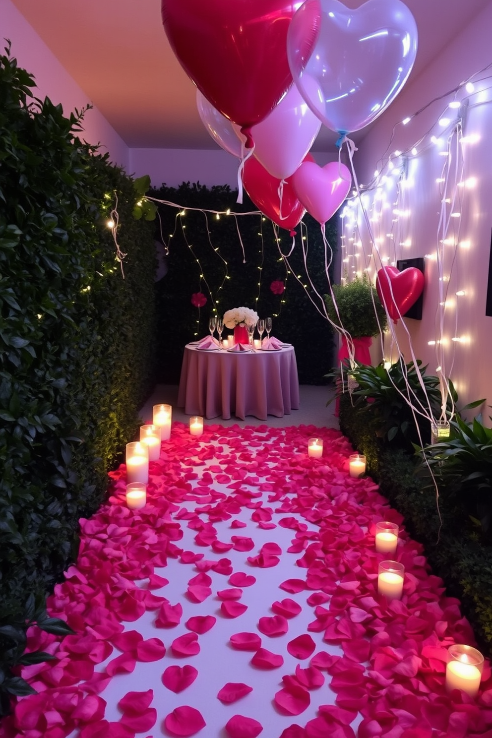 A romantic rose petal pathway leads to a beautifully set table, adorned with flickering candles and soft, ambient lighting. The pathway is lined with lush greenery, creating an intimate atmosphere perfect for a Valentine's Day celebration. In the basement, whimsical decorations transform the space into a cozy retreat for Valentine's Day. Heart-shaped balloons float above, while string lights twinkle along the walls, enhancing the warm and inviting ambiance.