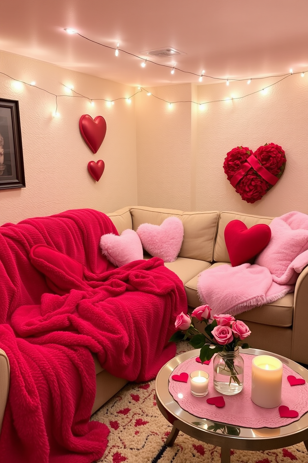 A cozy basement retreat adorned for Valentine's Day. Soft, plush throw blankets in shades of pink and red are draped over a comfortable sectional sofa, creating a warm and inviting atmosphere. Heart-shaped pillows add a playful touch, while string lights twinkle overhead, casting a romantic glow. A coffee table is set with candles and a small vase of fresh roses, enhancing the festive decor.