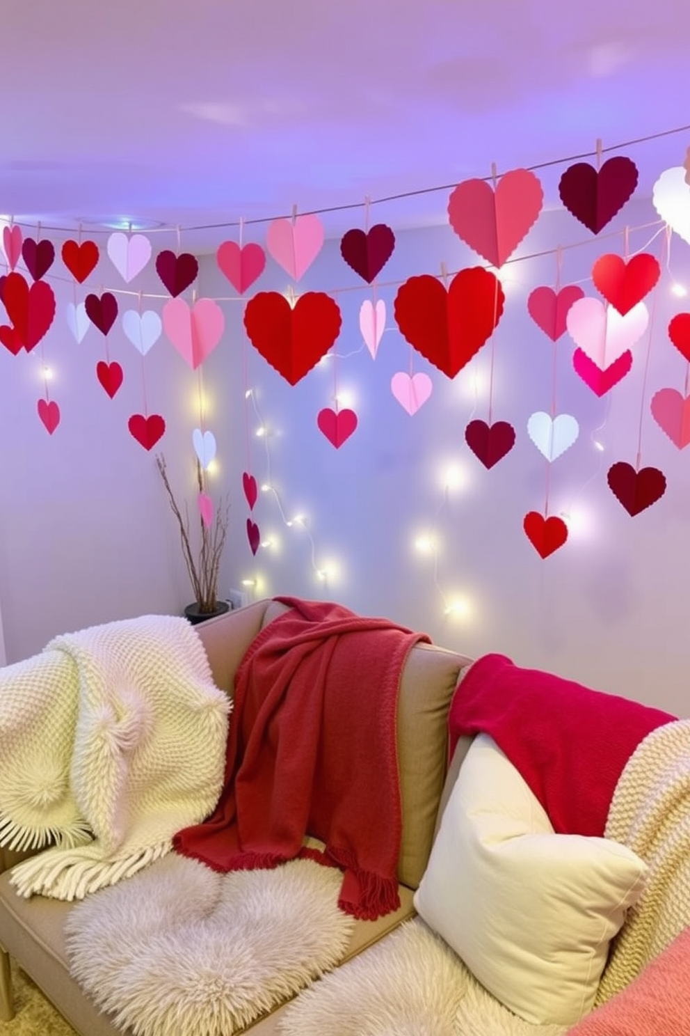 A charming DIY heart garland decorates the basement for Valentine's Day. The garland features an array of handcrafted paper hearts in shades of red, pink, and white, strung together with twine, hanging elegantly across the room. Soft, ambient lighting enhances the romantic atmosphere, with fairy lights intertwined among the hearts. Plush seating adorned with cozy throws invites guests to relax and enjoy the festive decor.