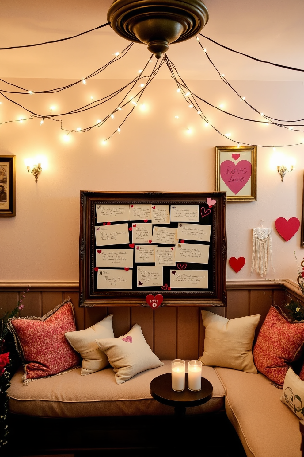 A charming display of vintage love letters arranged in an antique wooden frame, showcasing elegant handwriting and delicate embellishments. The backdrop features a soft pastel wall adorned with heart-themed art, creating a romantic atmosphere. The basement is transformed into a cozy, intimate space for Valentine's Day, featuring twinkling fairy lights draped across the ceiling. Plush seating with soft cushions invites guests to relax and enjoy the nostalgic decor, complemented by heart-shaped garlands and candles for a warm glow.