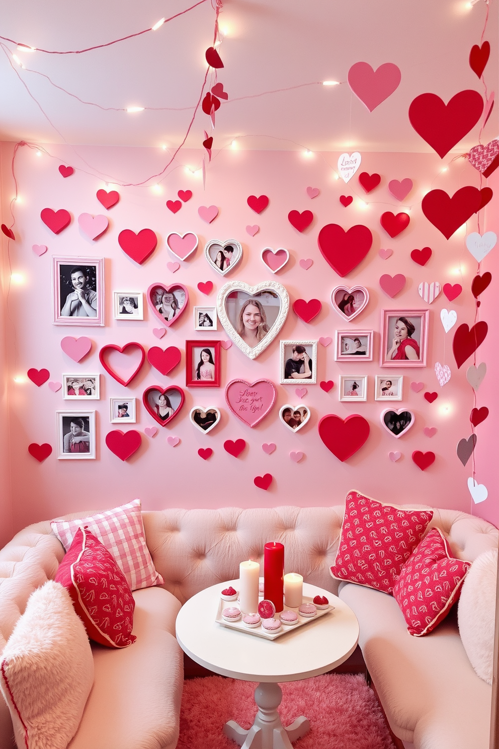 A romantic Valentine's themed photo wall adorned with heart-shaped frames in various sizes, showcasing cherished memories. Soft pink and red hues dominate the backdrop, complemented by fairy lights that twinkle gently, creating a warm and inviting atmosphere. The basement is transformed into a cozy Valentine's Day retreat, featuring plush seating arrangements with heart-patterned cushions. Delicate garlands of paper hearts and love notes hang from the ceiling, while a small table is set with heart-shaped treats and candles, perfect for intimate gatherings.